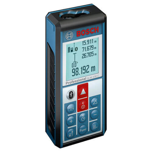 Image of Bosch GLM 100 Laser Distance Measurer 100 Metre Range Metric and Imperial with Inclinometer Function Bluetooth Integral Lithium Ion Battery