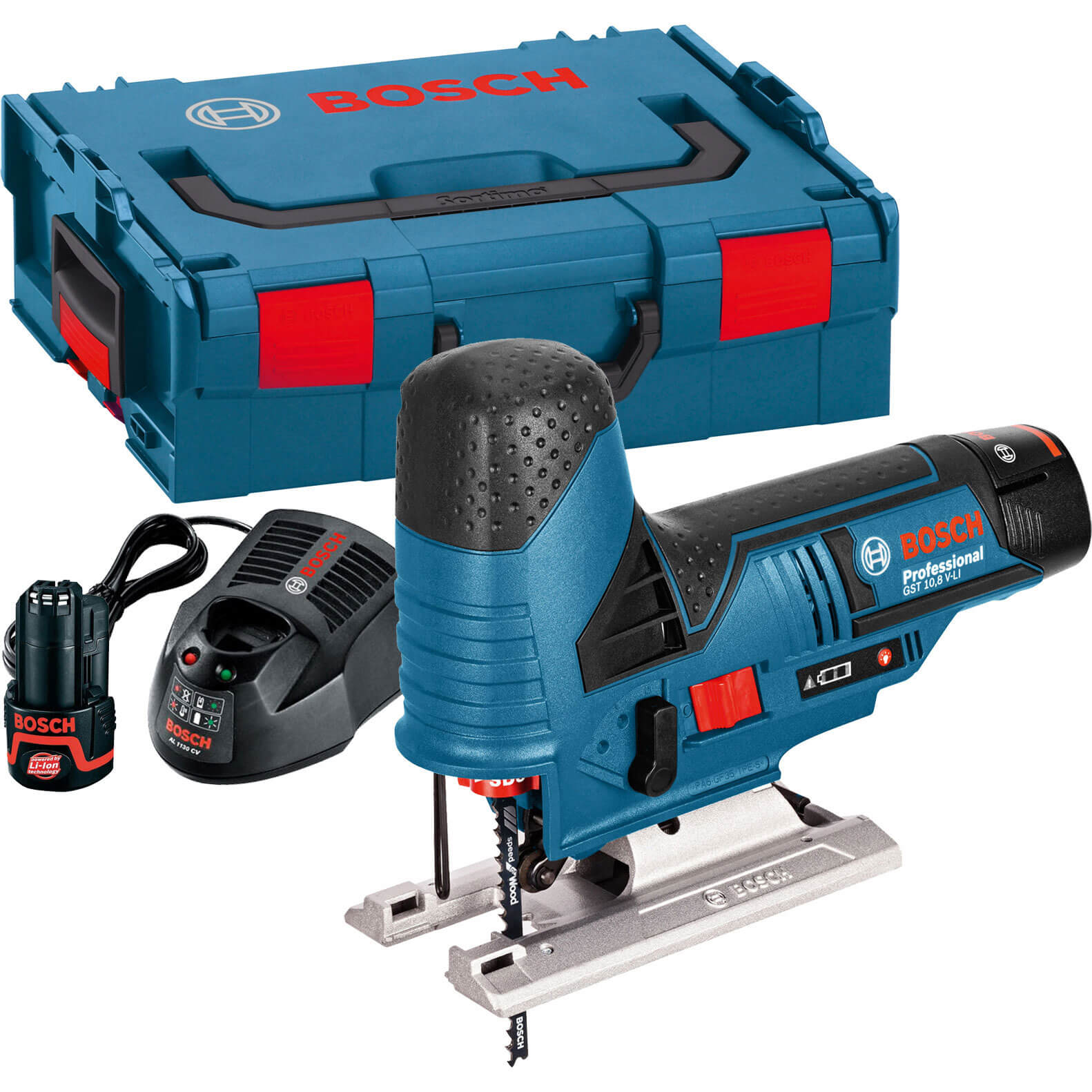 Image of Bosch GST 108 VLI 108v Cordless Jigsaw with L Boxx and 2 Lithium Ion Batteries 2ah