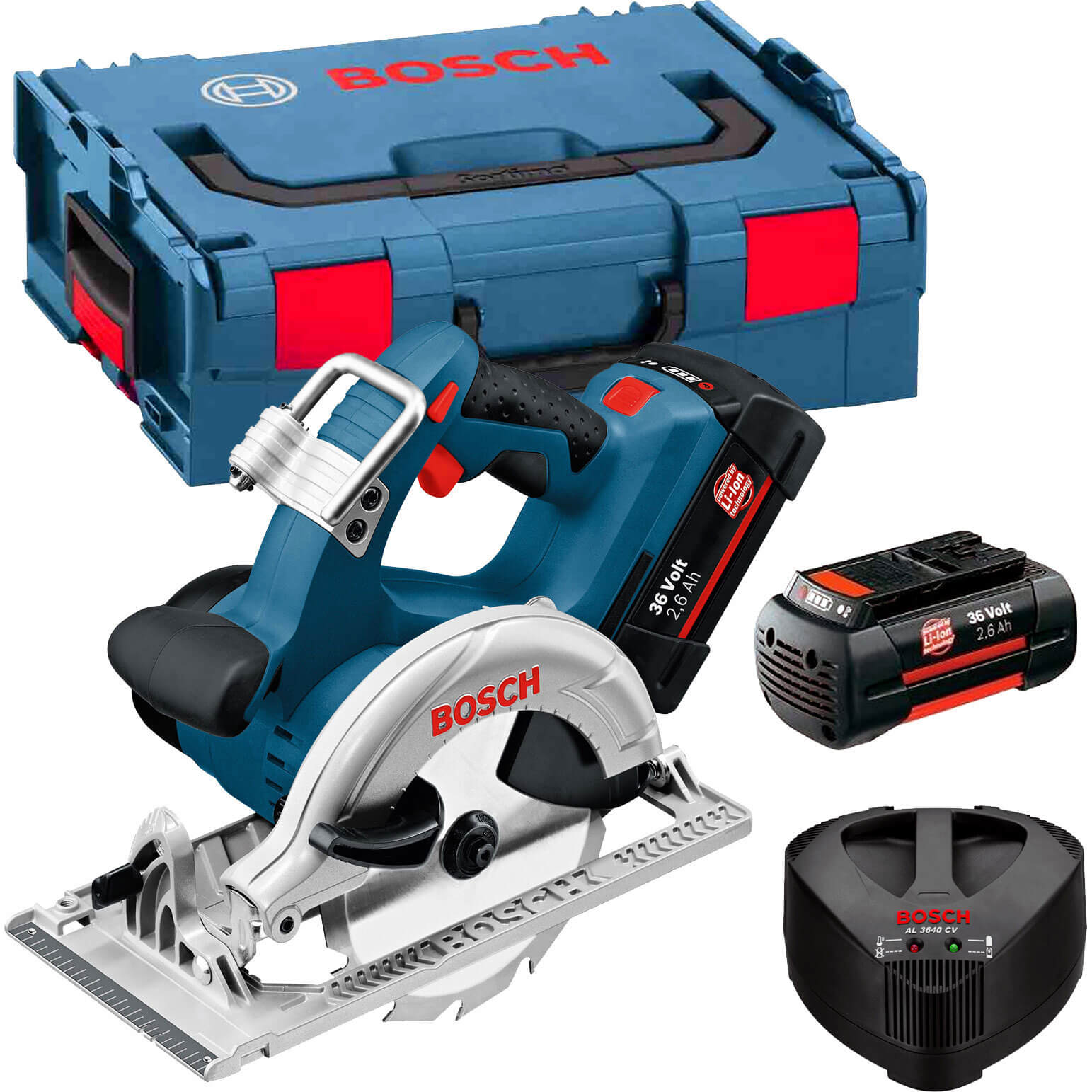 Image of Bosch GKS 36 VLI 36v Cordless Circular Saw 165mm Blade with L Boxx and 2 Lithium Ion Batteries 26ah