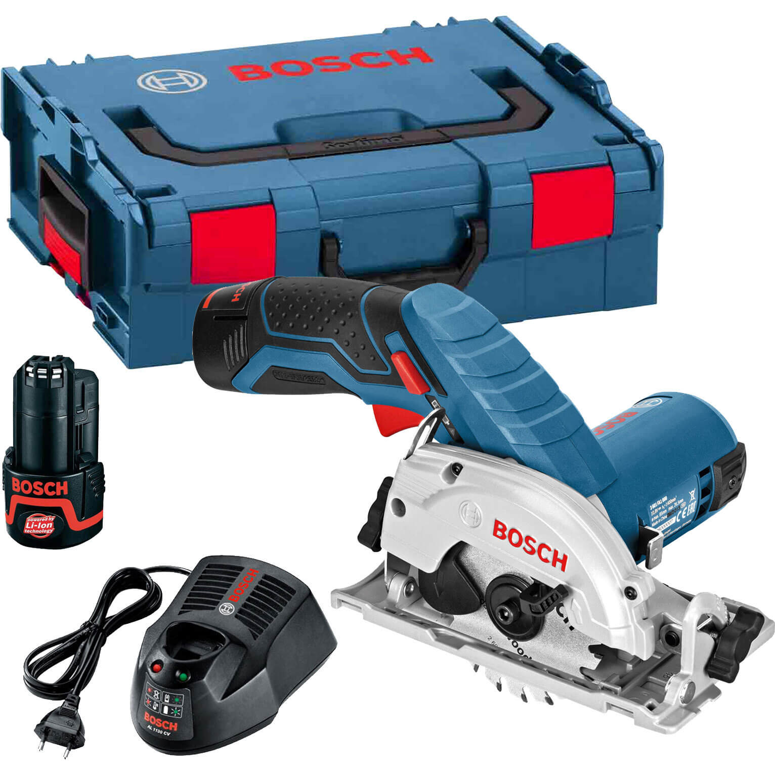 Image of Bosch GKS 108 VLI 108v Cordless Circular Saw 85mm Blade with L Boxx and 2 Lithium Ion Batteries 2ah