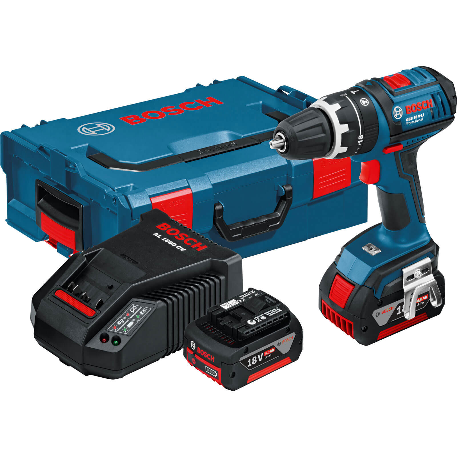 Image of Bosch GSB 18 VLI 18v Cordless Dynamicseries 2 Speed Combi Drill with L Boxx and 2 Lithium Ion Batteries 4ah