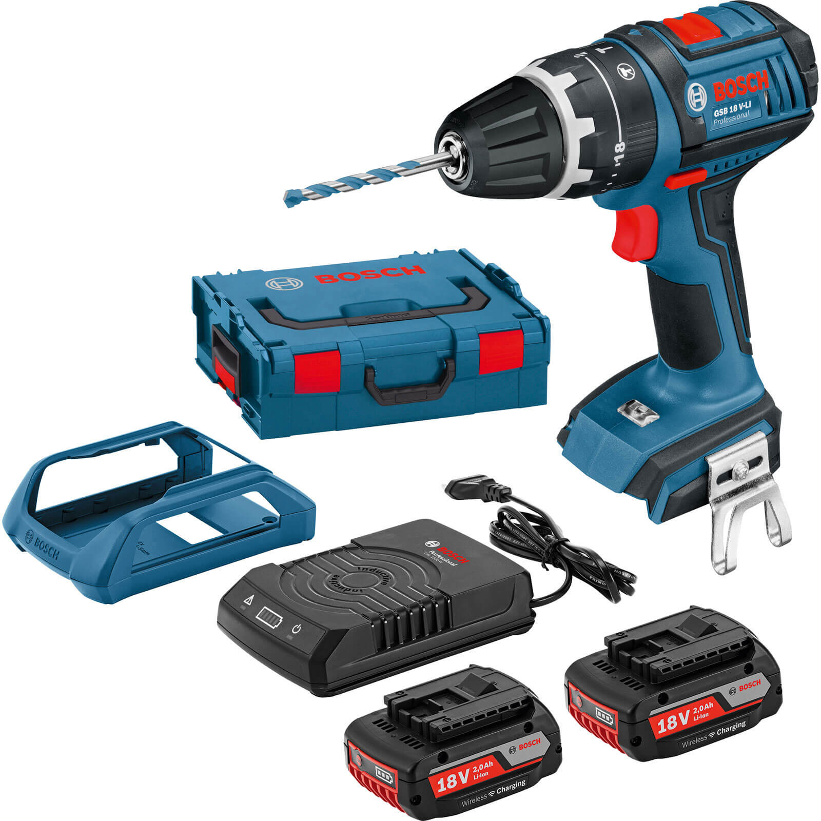 Image of Bosch GSB 18 VLI 18v Cordless DynamicSeries Combi Drill with Wireless Charging System and 2 Lithium Ion Batteries 20ah