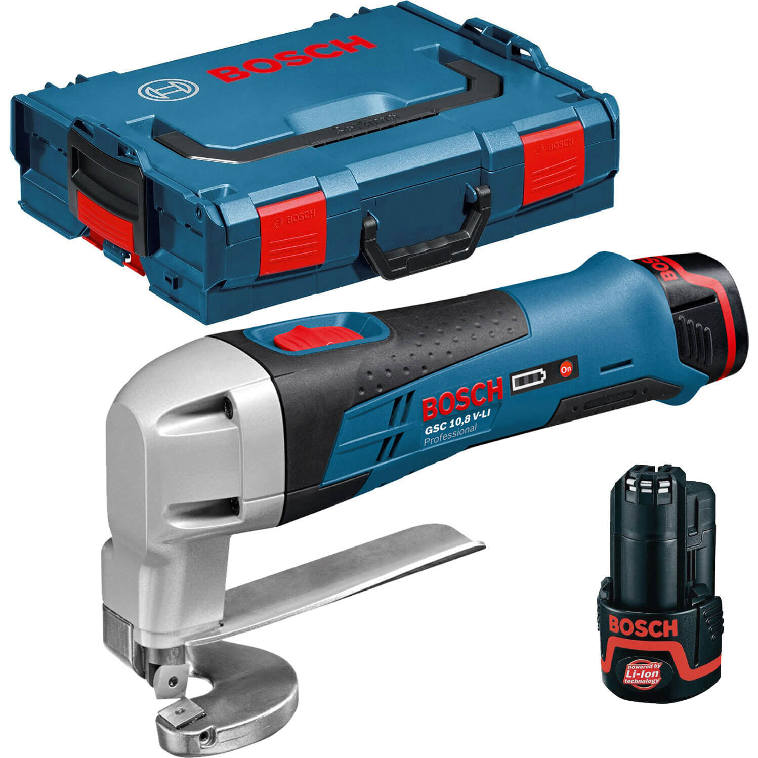 Image of Bosch GSC 108 VLI 108v Cordless Metal Shears with L Boxx and 2 Lithium Ion Batteries 2ah