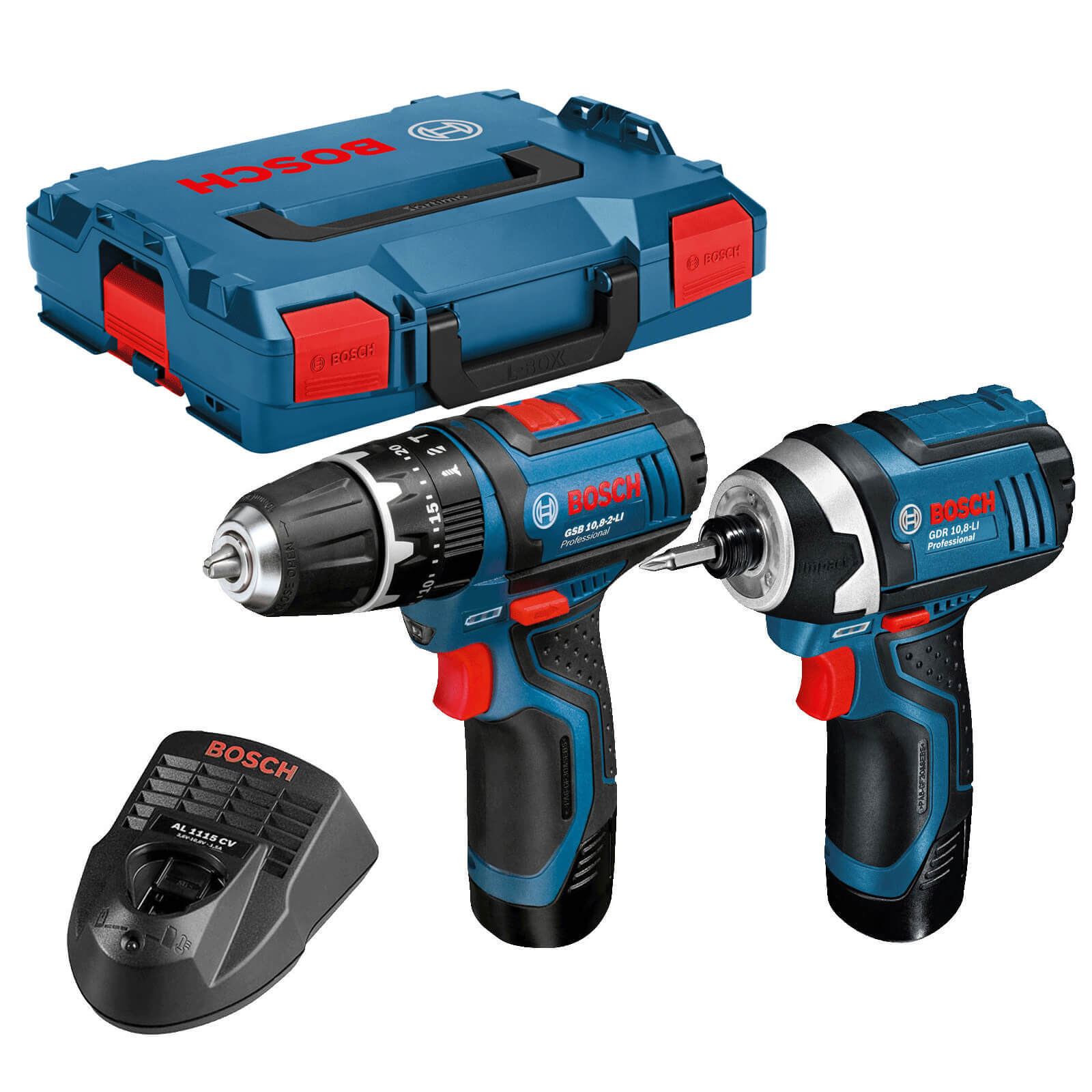 Image of Bosch GSB 1082LI 108v Cordless Combi Drill and GDR 108LI Impact Driver with 2 Lithium Ion Batteries 2ah and L Boxx 15 Cashback from Bosch