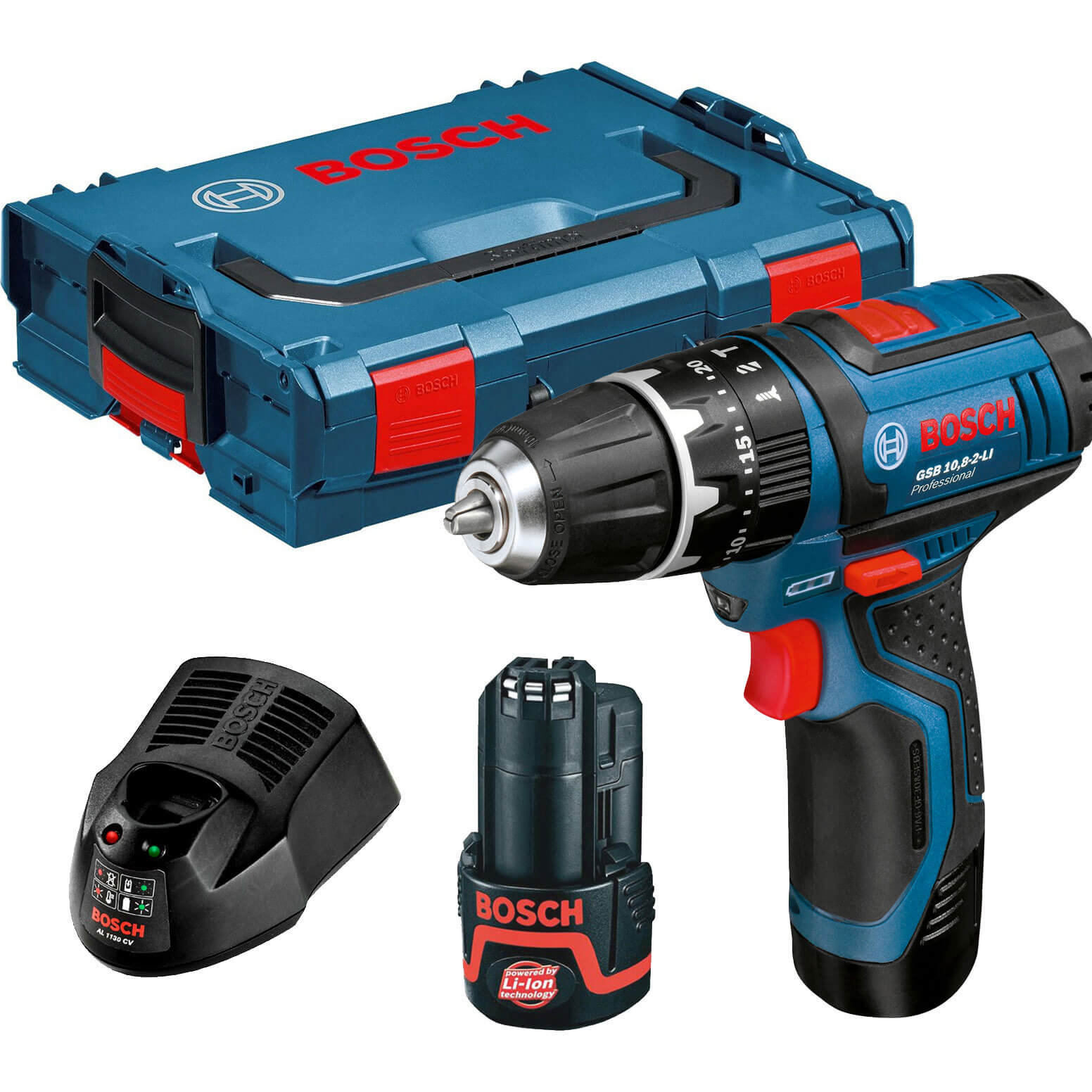 Image of Bosch GSB 1082LI 108v Cordless 2 Speed Combi Drill with L Boxx and 2 Lithium Ion Batteries 2ah