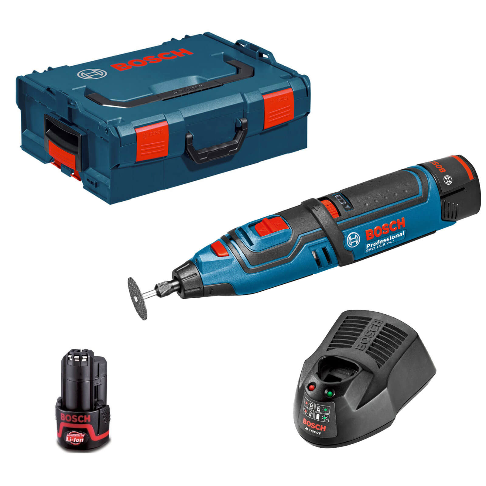 Image of Bosch GRO 108 VLI 108v Cordless Multi Tool with Accessories L Boxx and 2 Lithium Ion Batteries 2ah