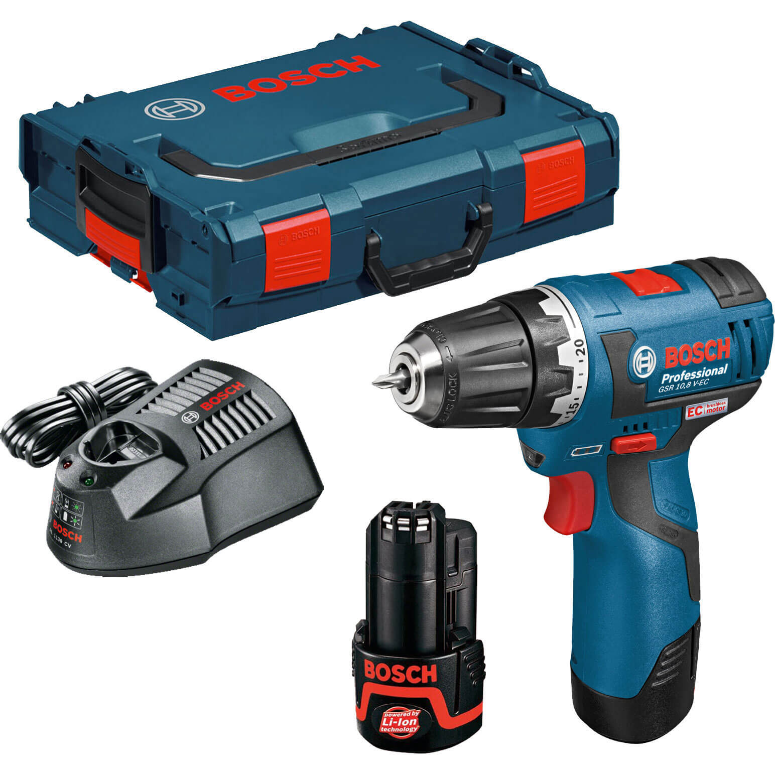 Image of Bosch GSR 108 VEC 108v Cordless 2 Speed Brushless Drill Driver with L Boxx and 2 Lithium Ion Batteries 2ah