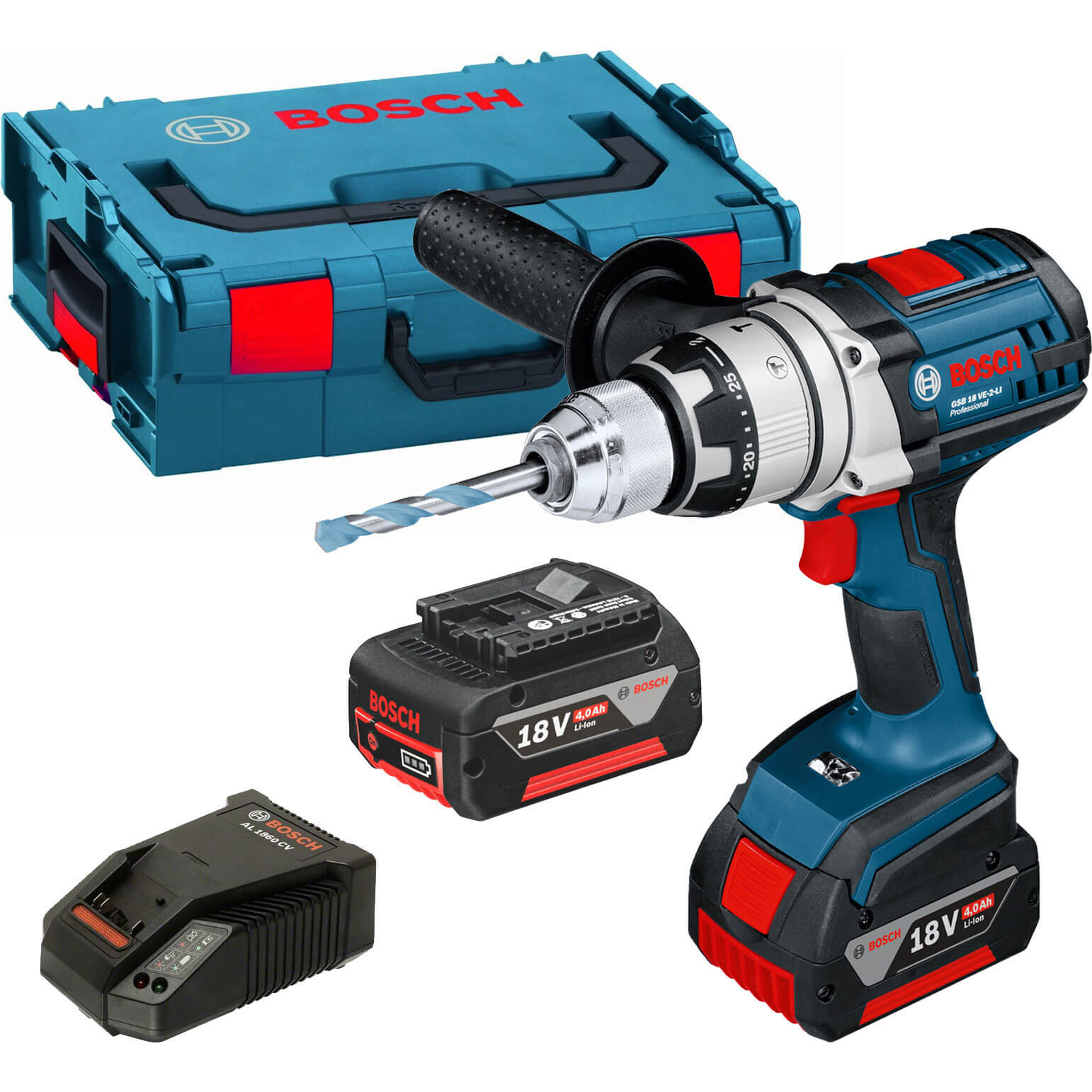 Image of Bosch GSB 18 VE2LI 18v Cordless ROBUSTseries 2 Speed Combi Drill with L Boxx and 2 Lithium Ion Batteries 4ah