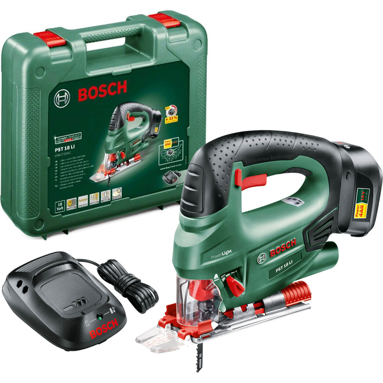 Image of Bosch POWER4ALL PST 18 LI 18v Cordless Jigsaw with 1 Lithium Ion Battery 2ah