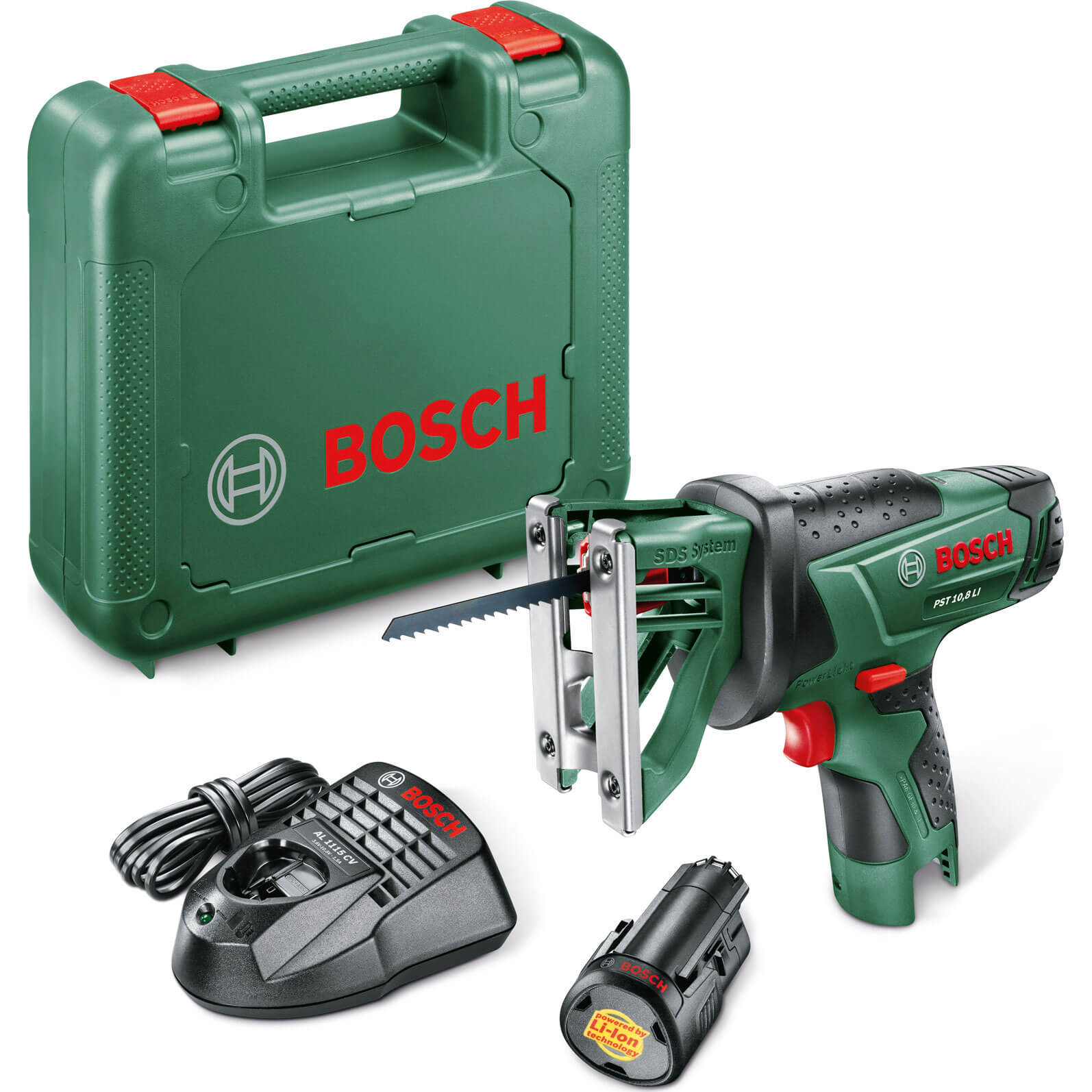 Image of Bosch POWER4ALL PST 108 LI 108v Cordless Jigsaw Sabre Saw with 1 Lithium Ion Battery 15ah