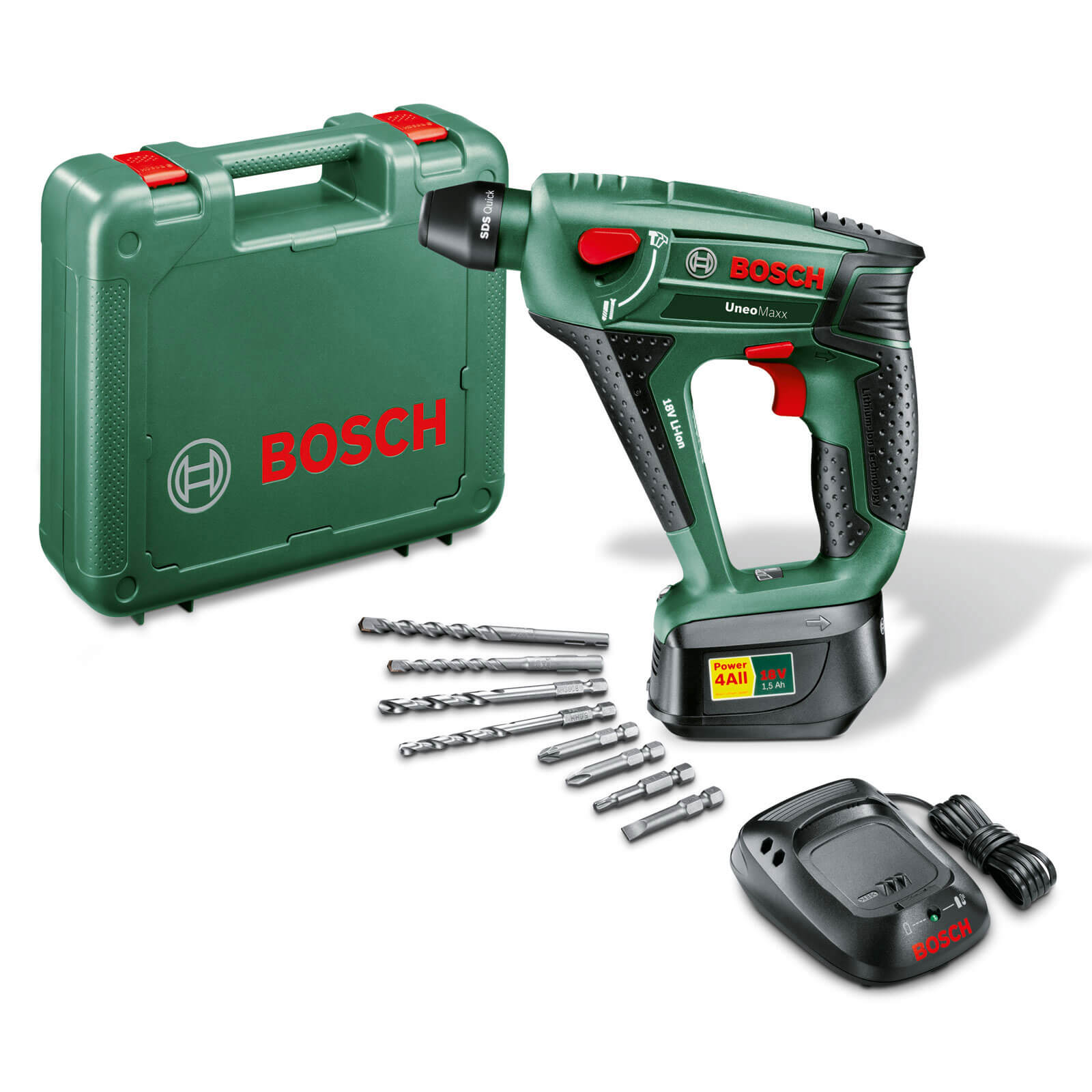 Image of Bosch POWER4ALL UNEO Maxx 18v Cordless 3 in 1 SDS Quick Combi Drill with 1 Lithium Ion Battery 2ah