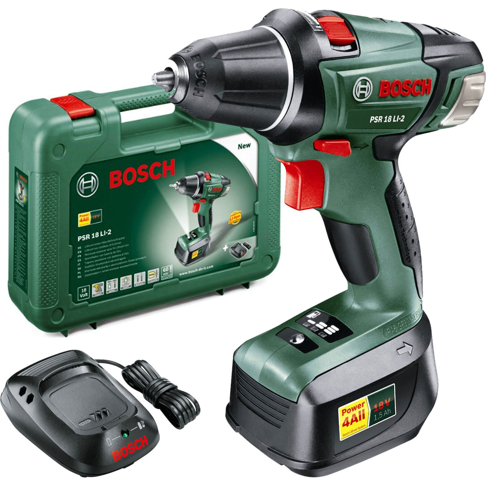 Image of Bosch POWER4ALL PSR 18 LI2 18v Cordless Compact Drill Driver with 1 Lithium Ion Battery 15ah