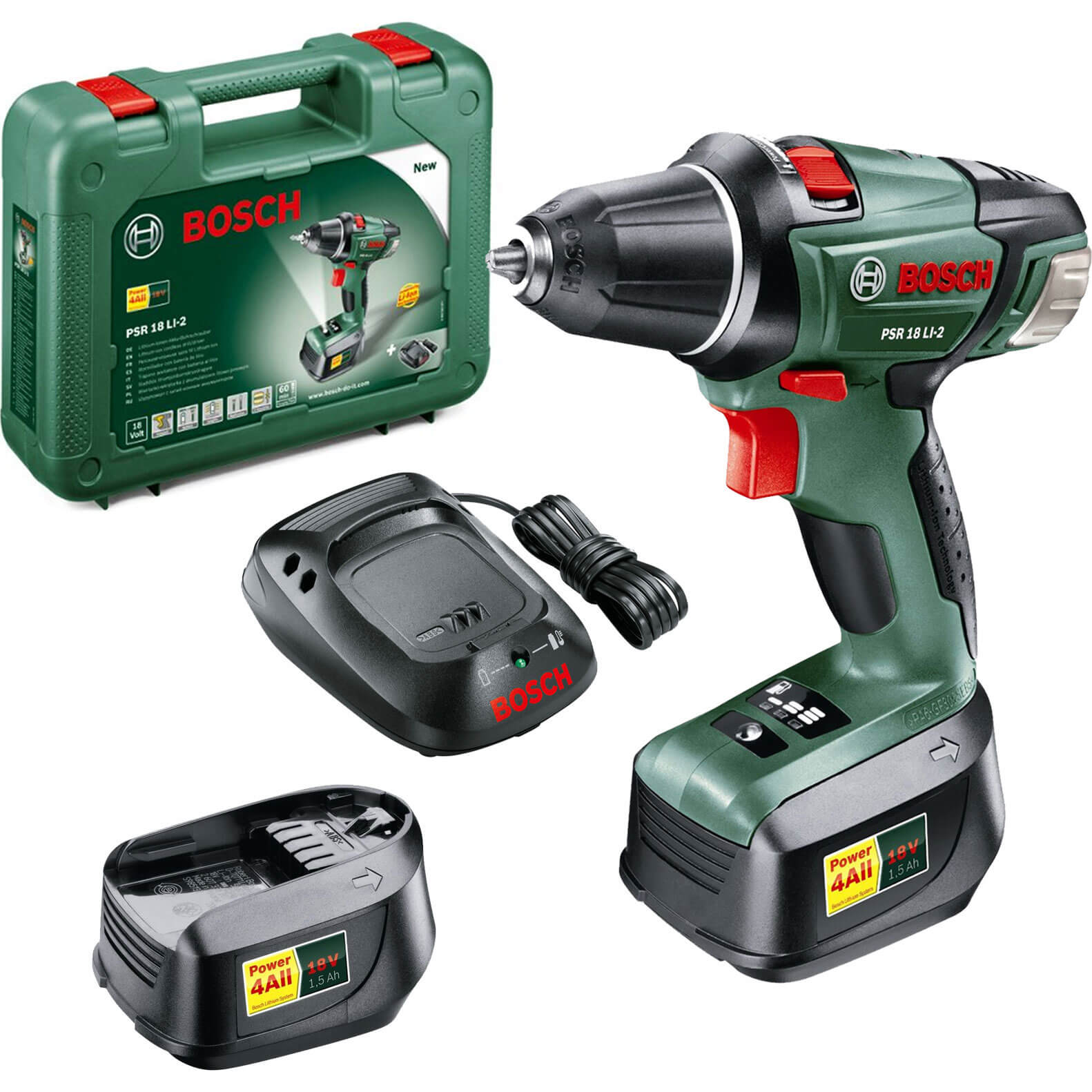 Image of Bosch POWER4ALL PSR 18 LI2 18v Cordless Compact Drill Driver with 2 Lithium Ion Batteries 15ah