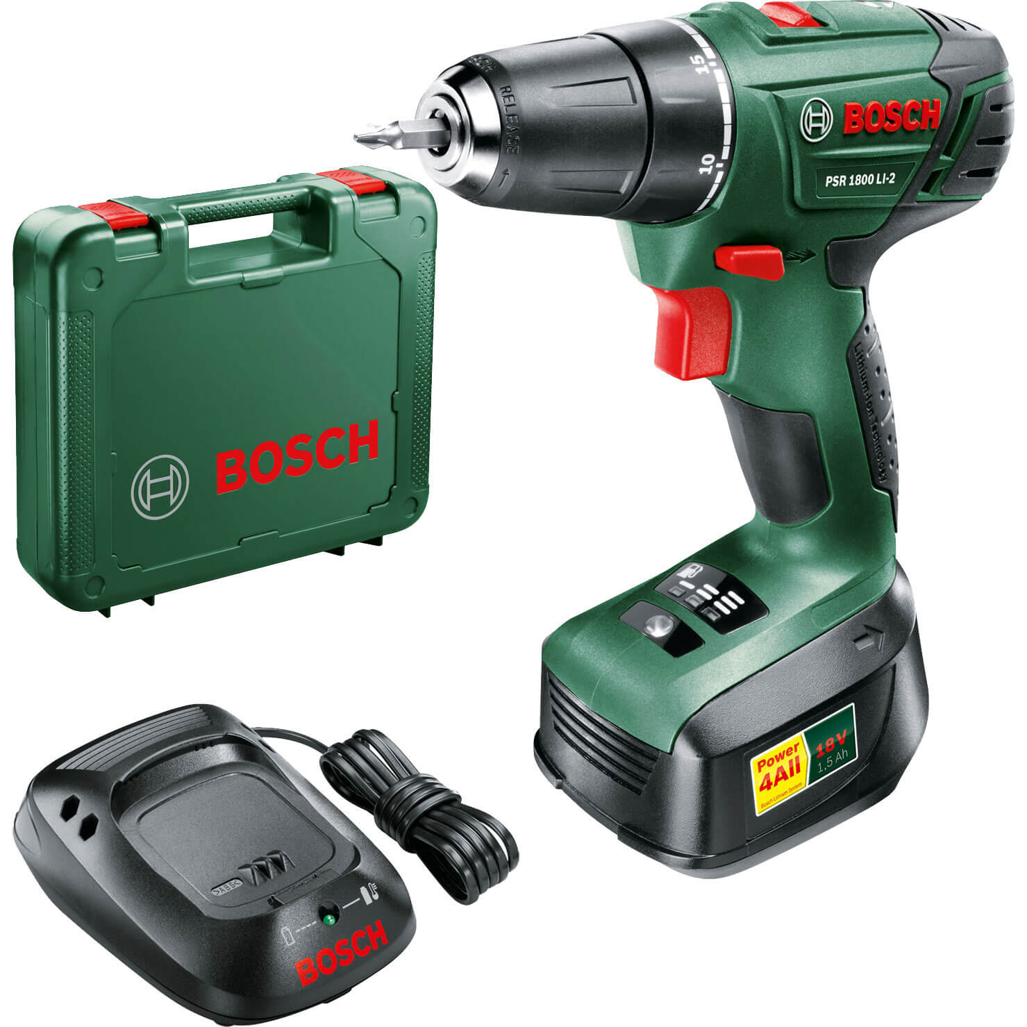 Image of Bosch POWER4ALL PSR 1800 LI2 18v Cordless 2 Speed Drill Driver with 1 Lithium Ion Battery 15ah