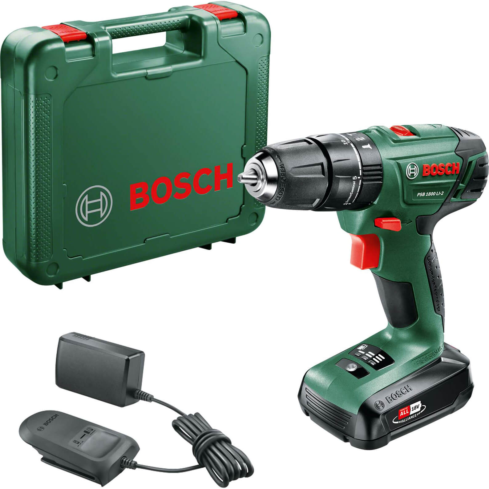 Image of Bosch POWER4ALL PSB 1800 LI2 18v Cordless 2 Speed Combi Drill with 1 Lithium Ion Battery 15ah