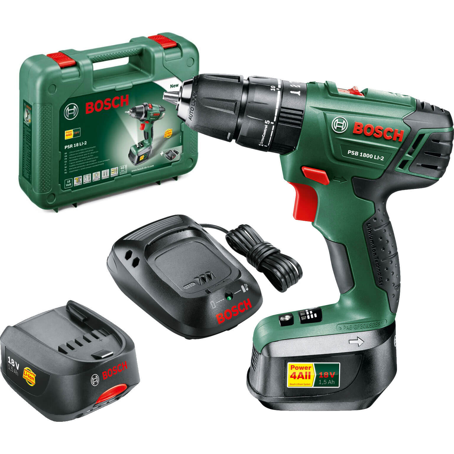 Image of Bosch POWER4ALL PSB 1800 LI2 18v Cordless 2 Speed Combi Drill with 2 Lithium Ion Batteries 15ah