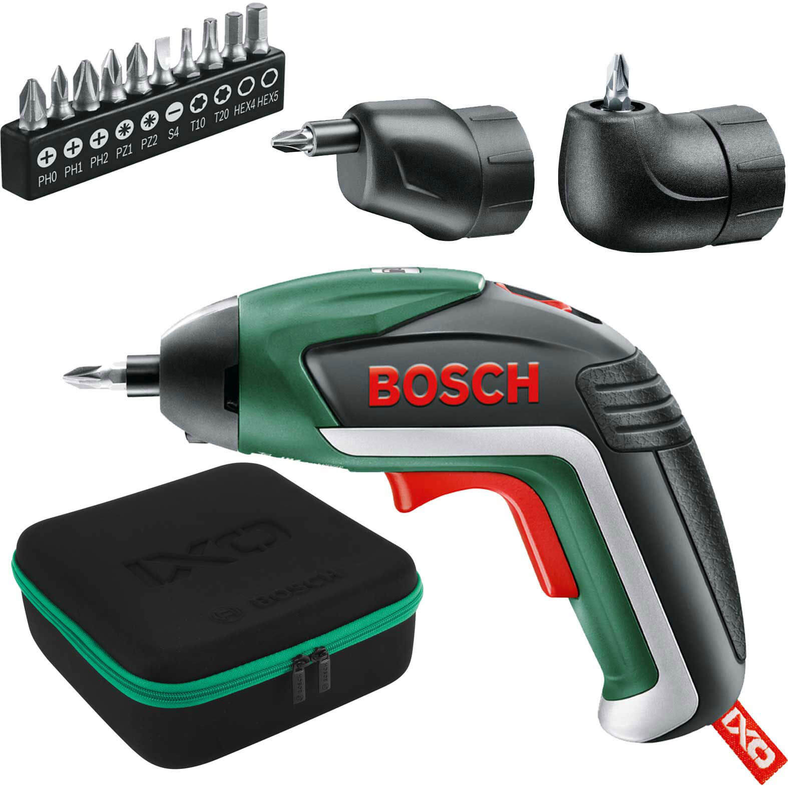 Image of Bosch IXO V 36v Cordless Screwdriver with Integral Lithium Ion Battery Right Angle Screw Adaptor and Offset Angle Adaptor