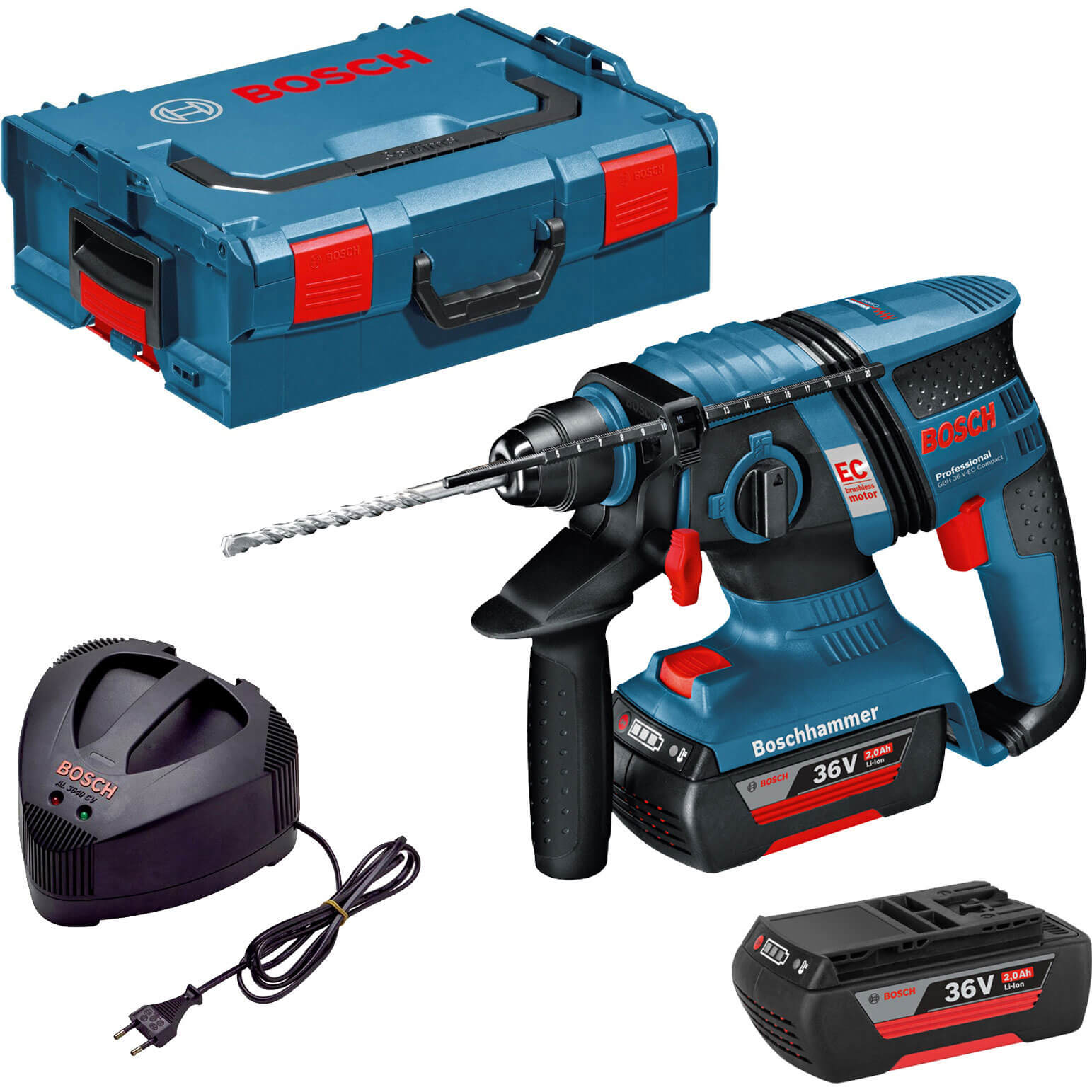 Image of Bosch GBH 36 VEC 36v Cordless Brushless SDS Plus Hammer Drill with L Boxx and 2 Lithium Ion Batteries 2ah