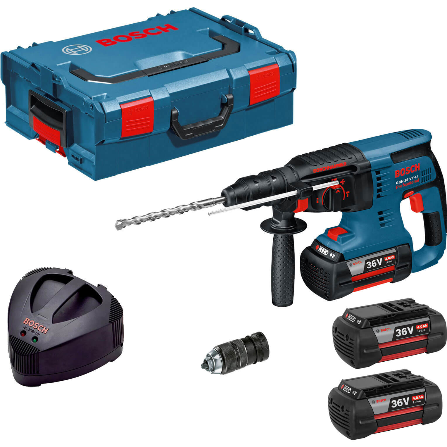 Image of Bosch GBH 36 VFLI 36v Cordless SDS Plus Hammer Drill with Quick Change Chuck L Boxx and 3 Lithium Ion Batteries 4ah