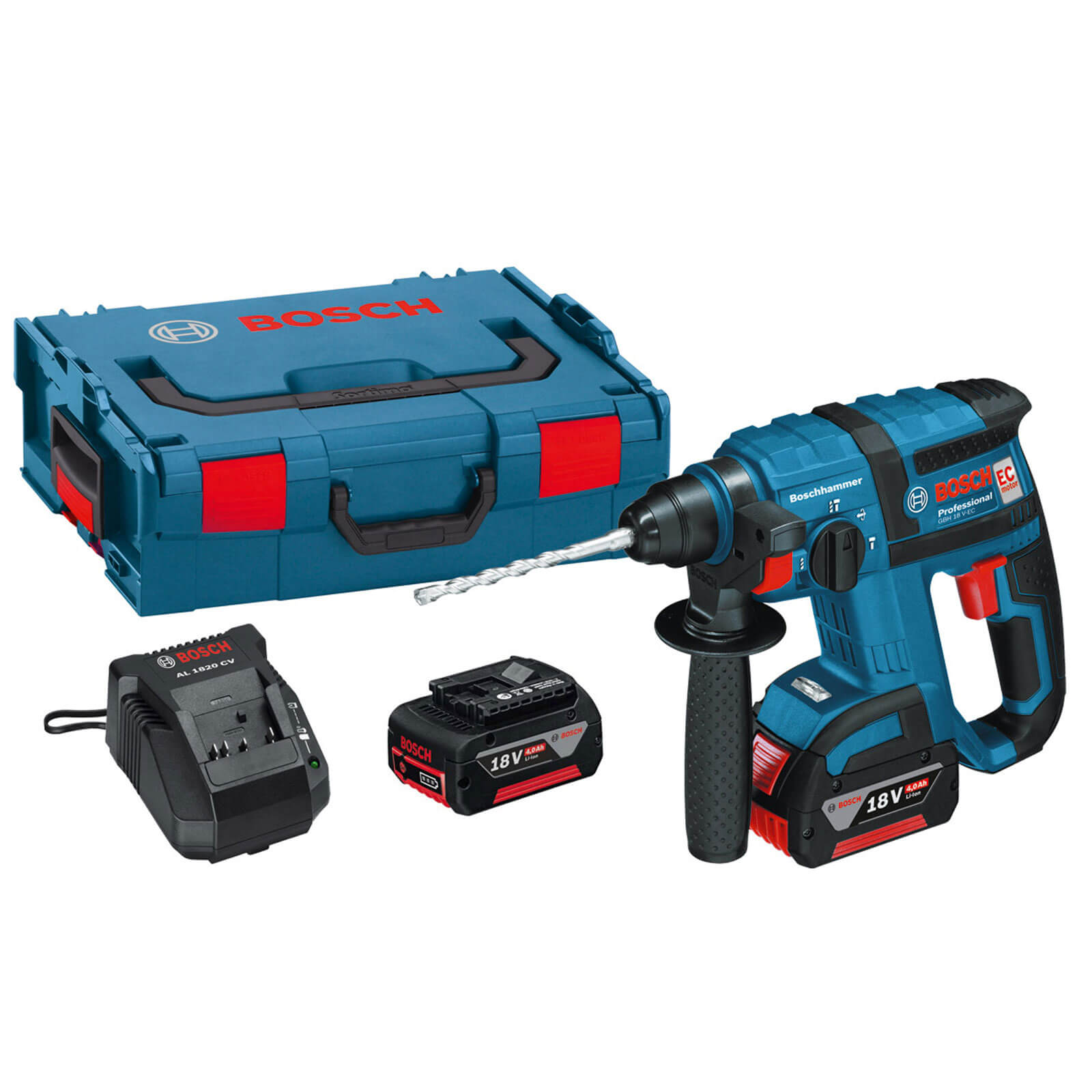 Image of Bosch GBH 18 VEC 18v Cordless SDS Hammer Drill with L Boxx and 2 Lithium Ion Batteries 4ah