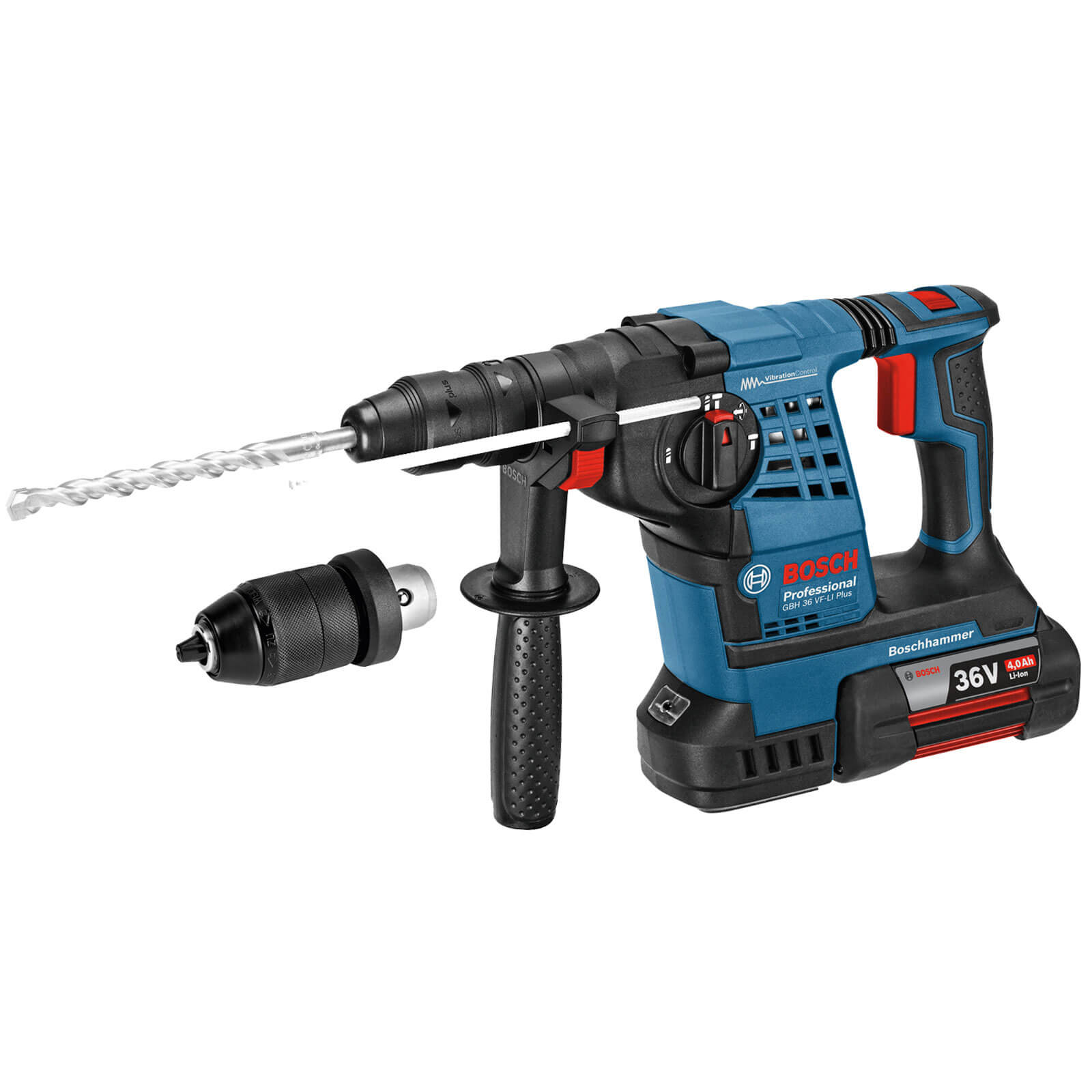 Image of Bosch GBH 36 VFLI Plus 36v Cordless SDS Plus Hammer Drill with Quick Change Chuck and 1 Lithium Ion Battery 4ah