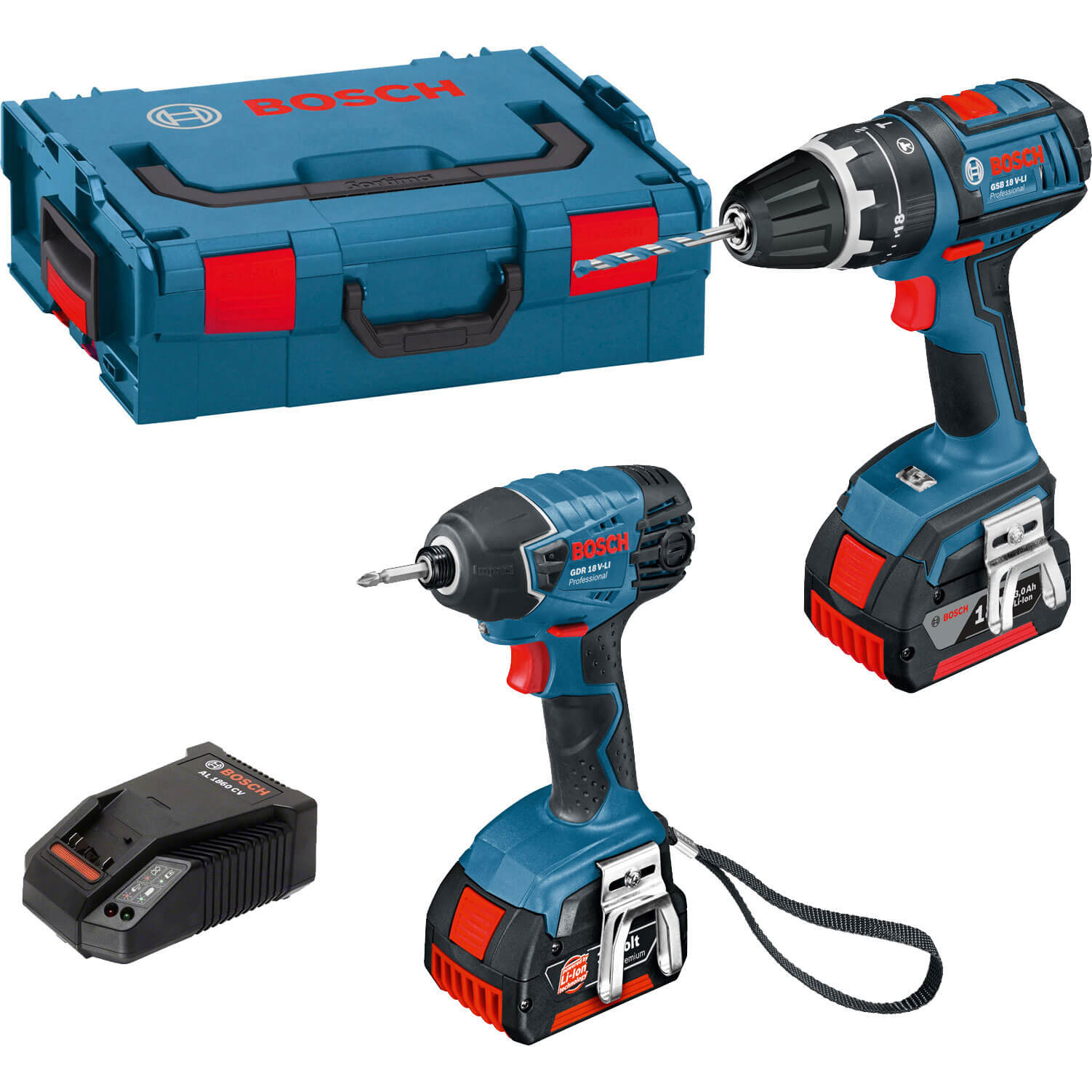 Image of Bosch GSB 18 VLI 18v Cordless Dynamicseries Combi Drill and GDR 18 VLI 18v Cordless Impact Drill with L Boxx and 2 Lithium Ion Batteries 4ah