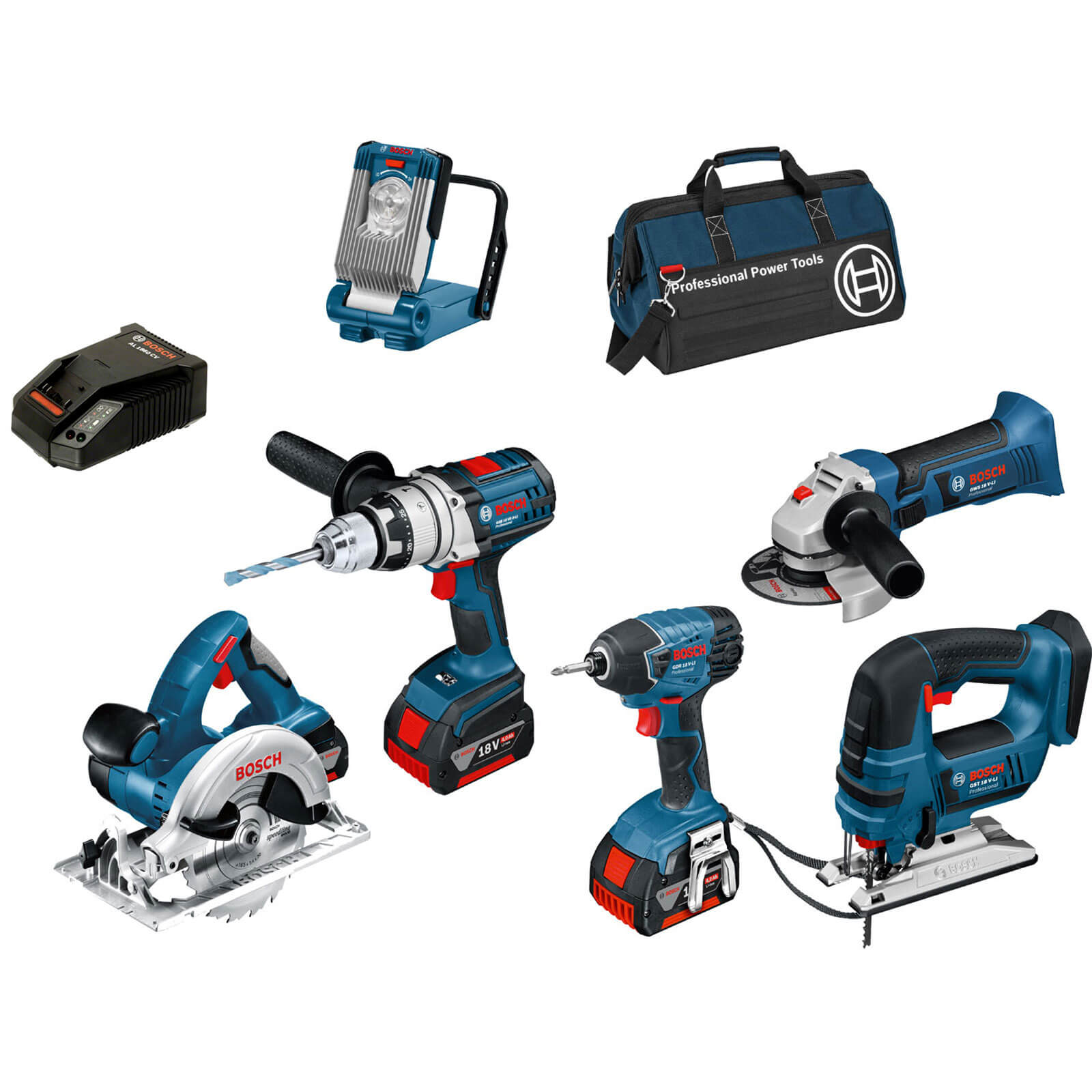 Image of Bosch BAG6RS 18v Cordless Robustseries 6 Piece Power Tool Kit with 3 Lithium Ion Batteries 4ah and LBAG