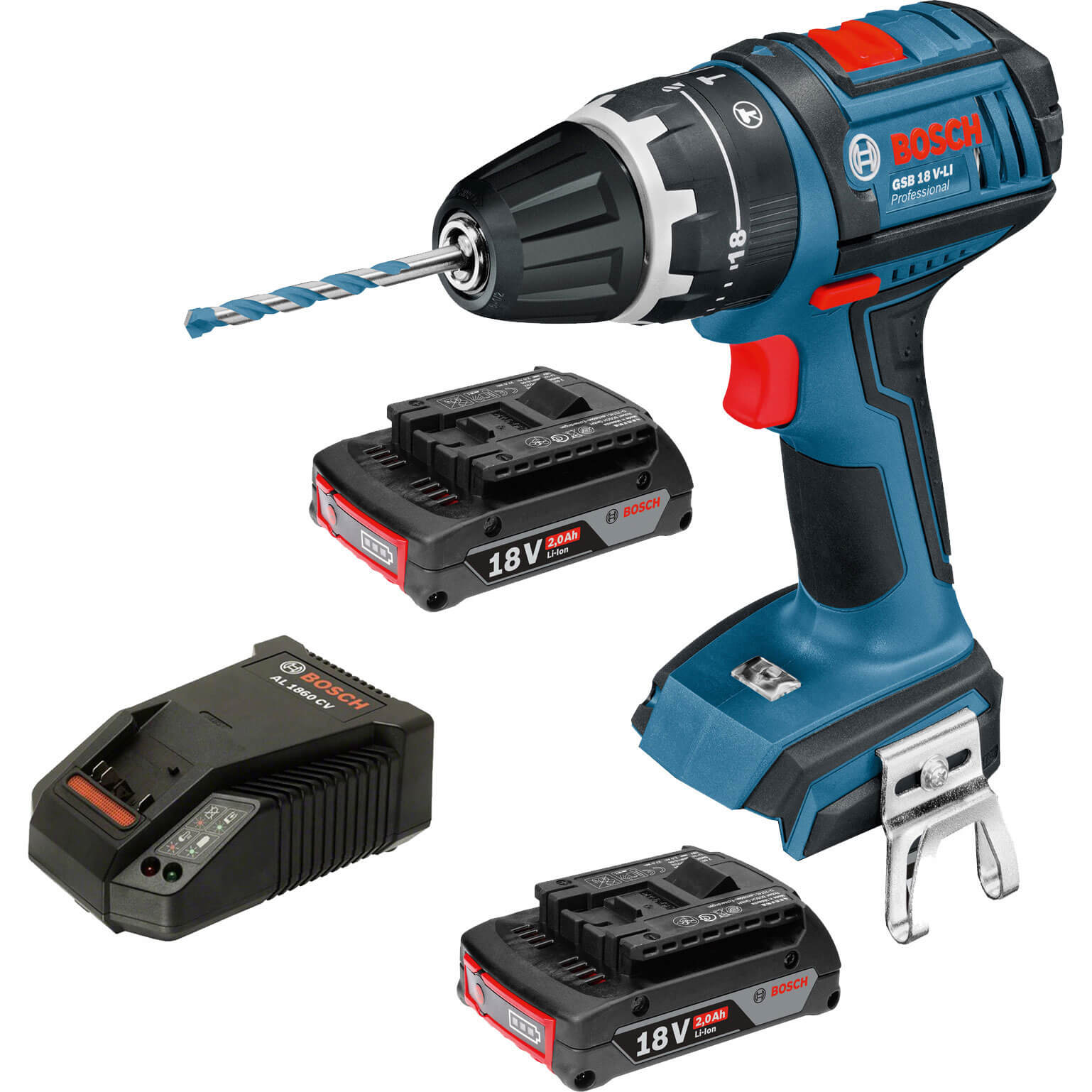 Image of Bosch GSB 18 VLI 18v Cordless Combi Drill with 2 Lithium Ion Batteries 20ah