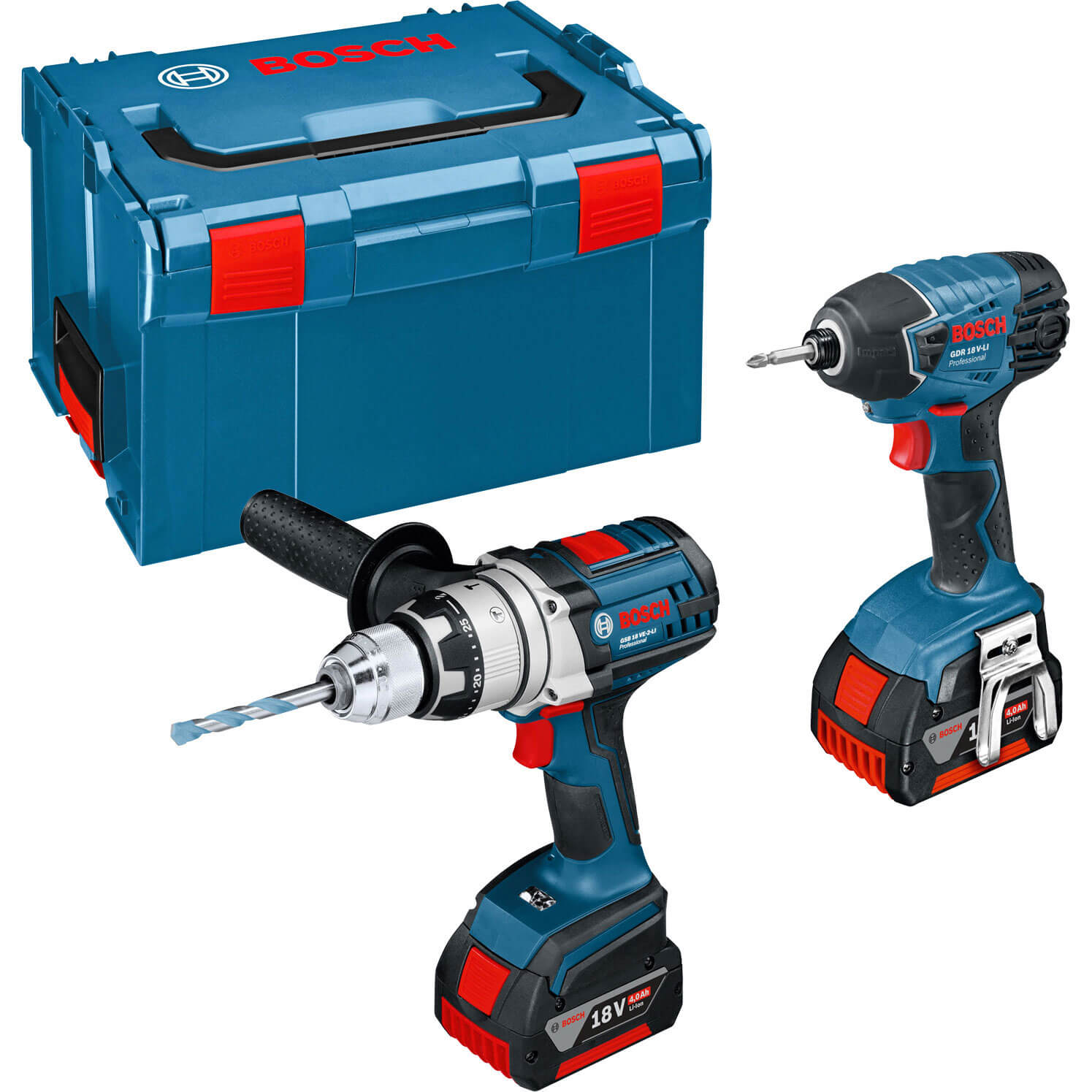 Image of Bosch GSB 18 VE2 LI 18v Cordless Robustseries Combi Drill and GDR 18 VLI Impact Driver with L Boxx and 2 Lithium Ion Batteries 4ah