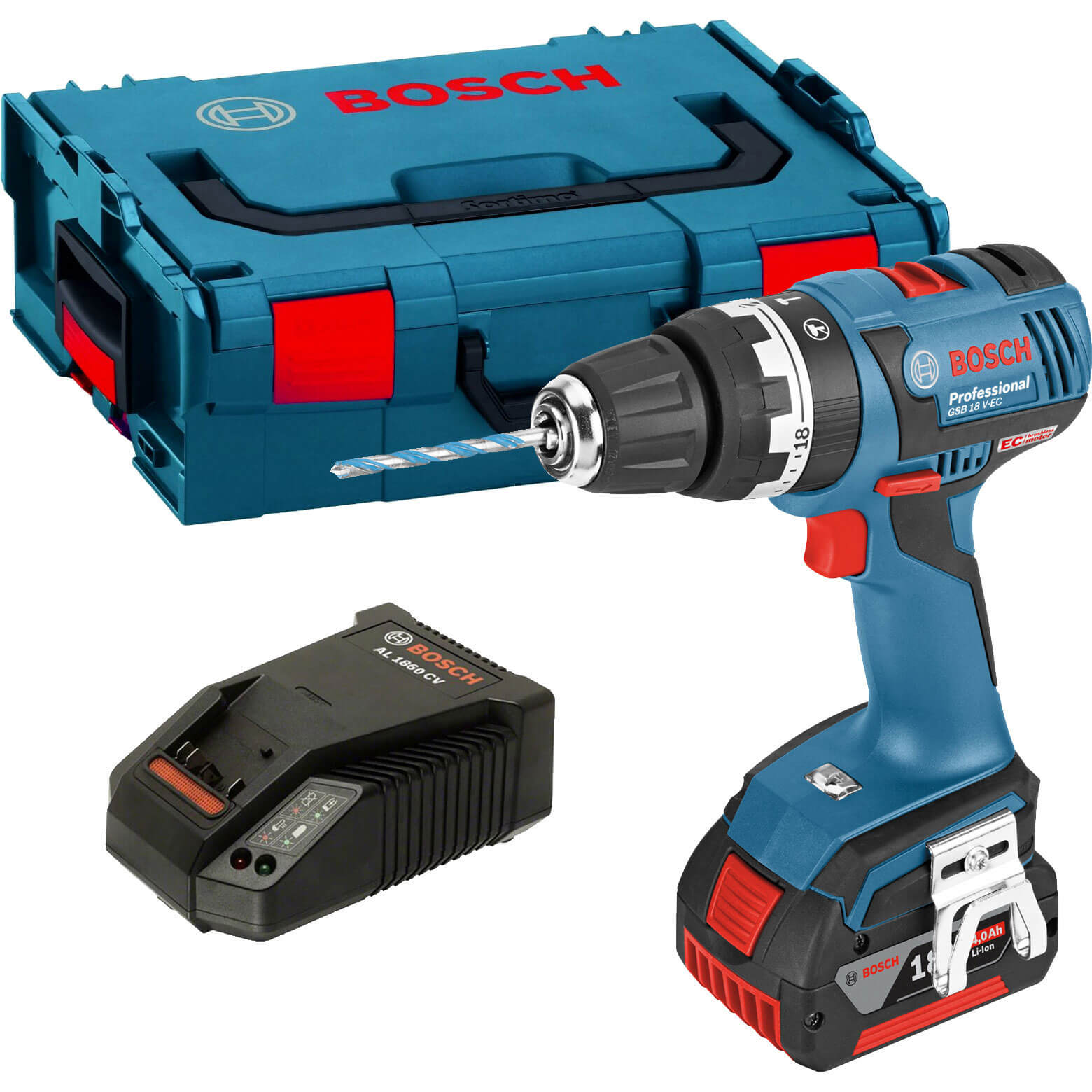 Image of Bosch GSB 18 VEC 18v Cordless Brushless Combi Drill with 1 Lithium Ion Battery 4ah and L Boxx