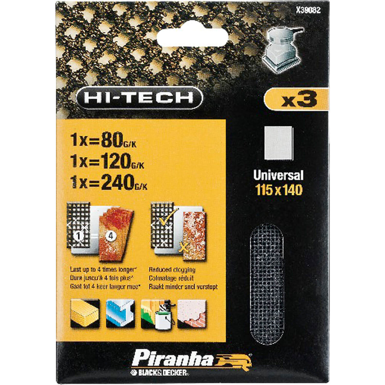 Image of Black and Decker X39082 Piranha 115 x 140mm 14 Mesh Sanding Sheet 80 120 and 240g Pack of 3 for Non Velcro Sanders