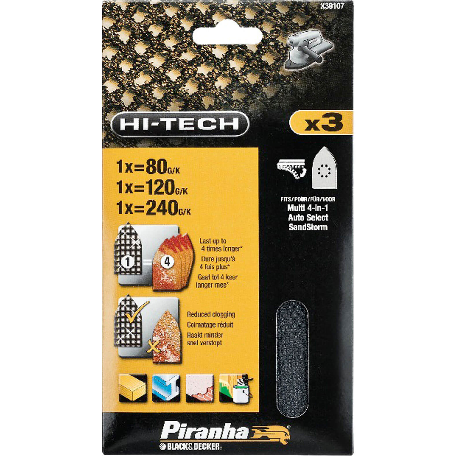 Image of Black and Decker X39107 Piranha Mesh Sanding Sheet 80 120 and 240g Pack of 3 for Velcro Multi Sanders