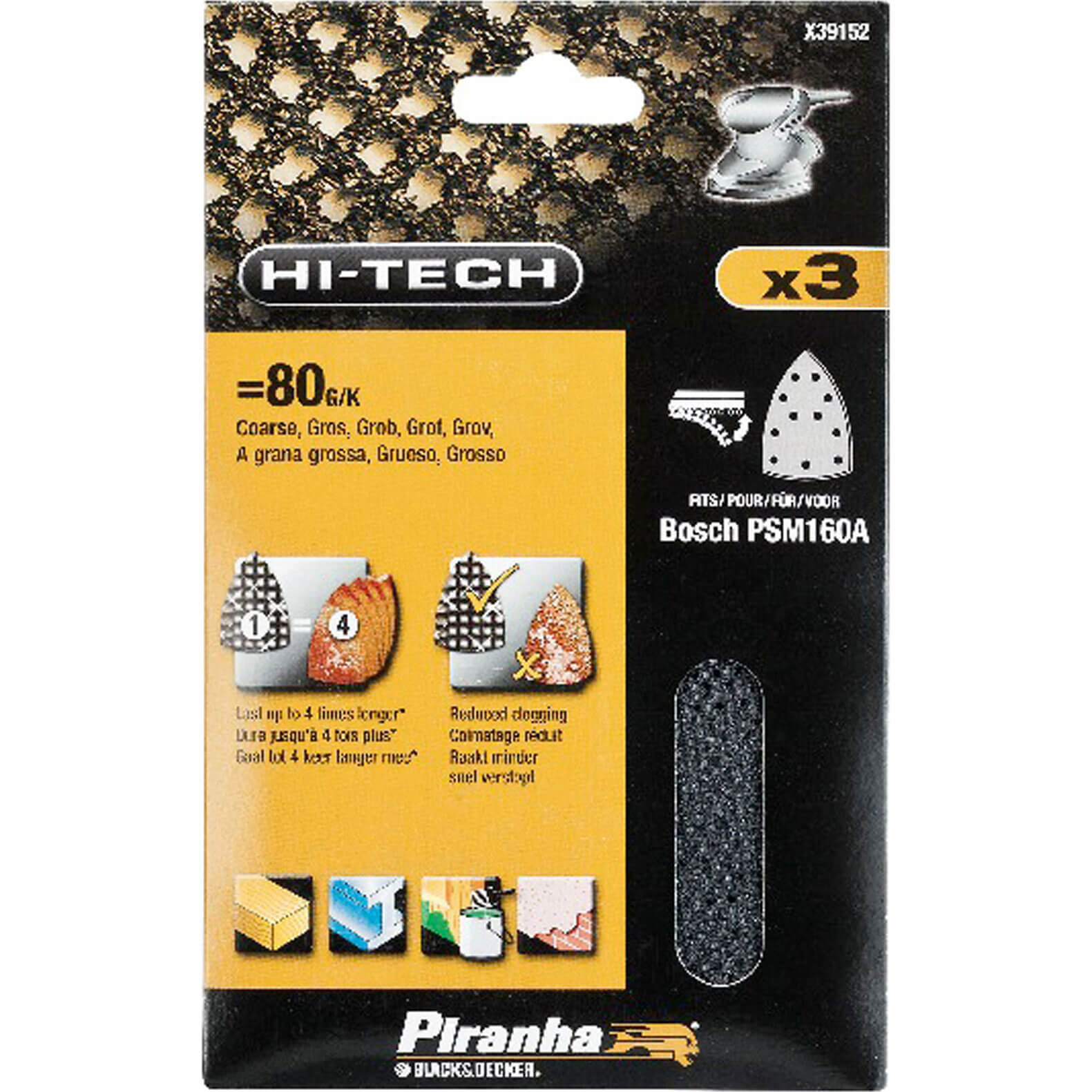 Image of Black and Decker X39162 Piranha Mesh Sanding Sheet 240g Pack of 3 for Bosch PSM160A Velcro Sanders