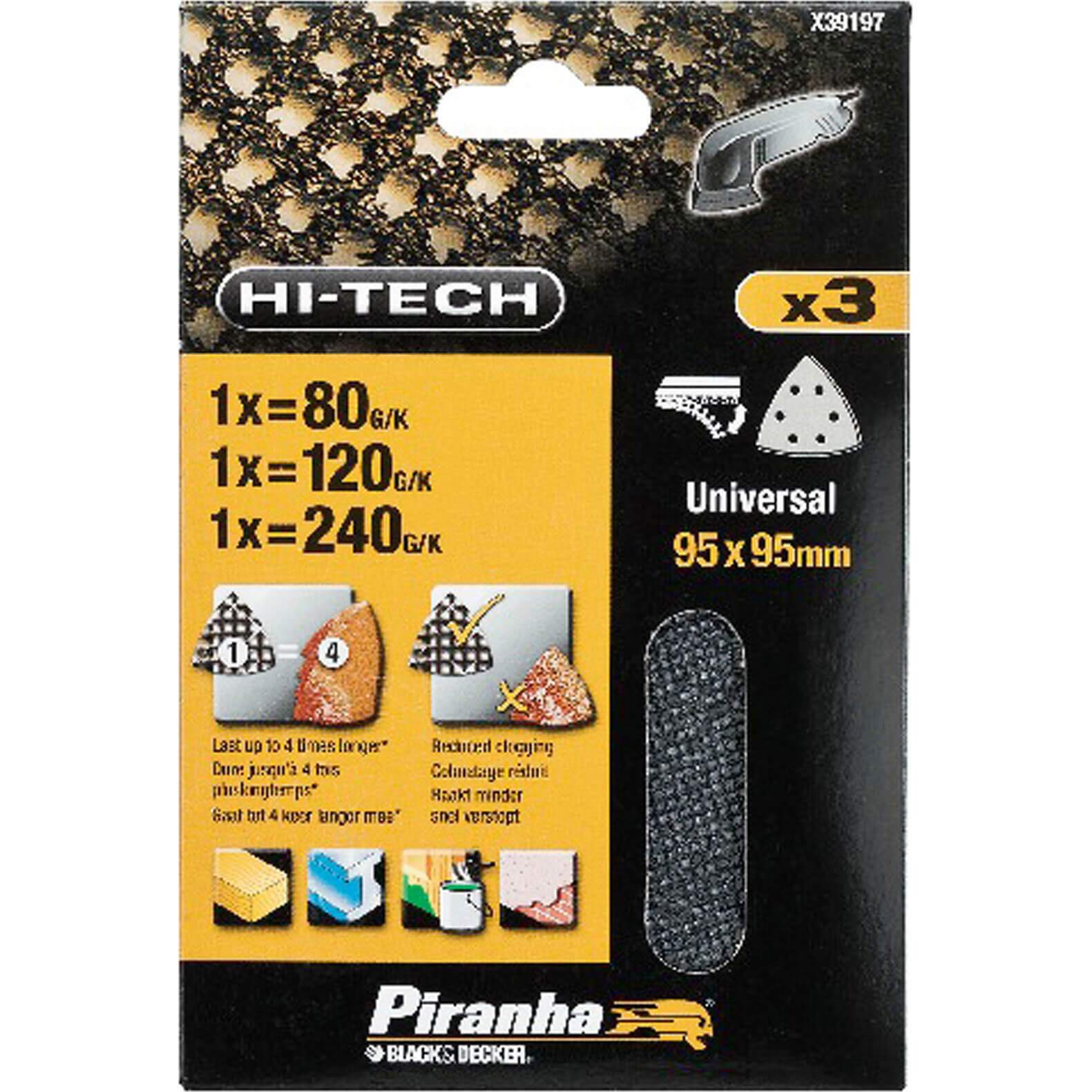 Image of Black and Decker X39197 Piranha 95mm Mesh Sanding Sheet 80 120 and 240g Pack of 3 for Velcro Detail Sanders