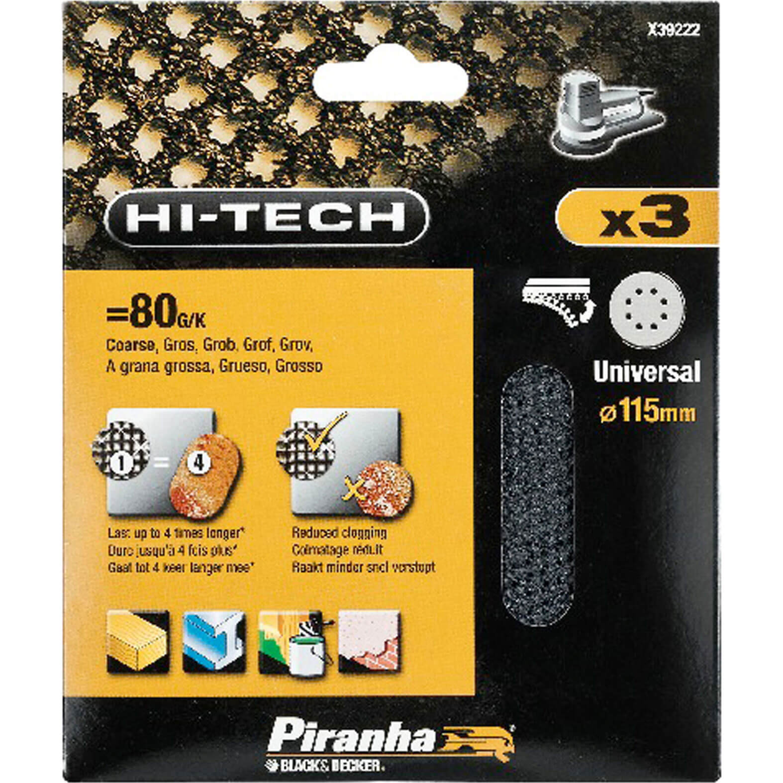 Image of Black and Decker X39237 Piranha 115mm Mesh Sanding Disc 80 120 and 240g Pack of 3 for Velcro Sanders