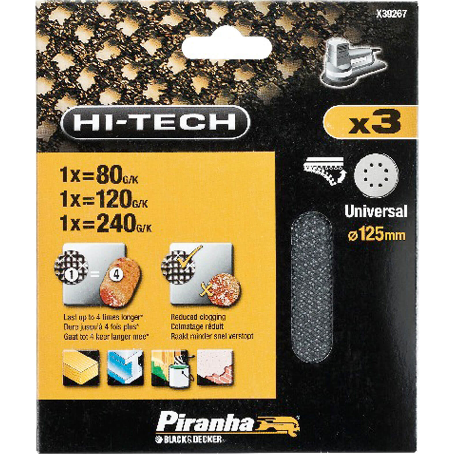 Image of Black and Decker X39252 Piranha 125mm Mesh Sanding Disc 80g Pack of 3 for Velcro Sanders