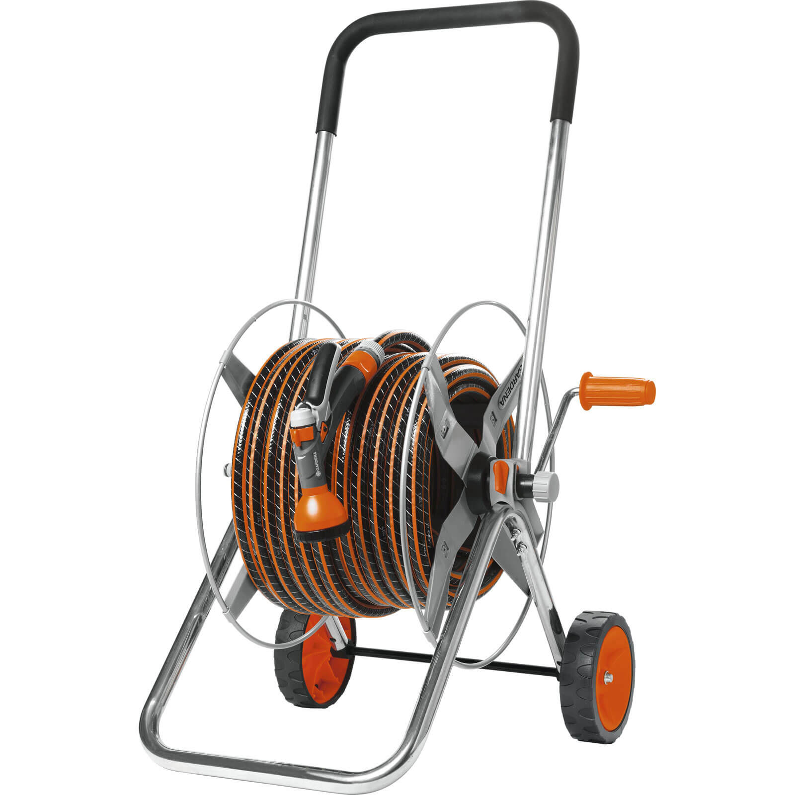 Image of Gardena 60 Metre Metal Hose Cart with 30 Metre Classic Hose Pipe Spray Gun and Connectors 125mm 12