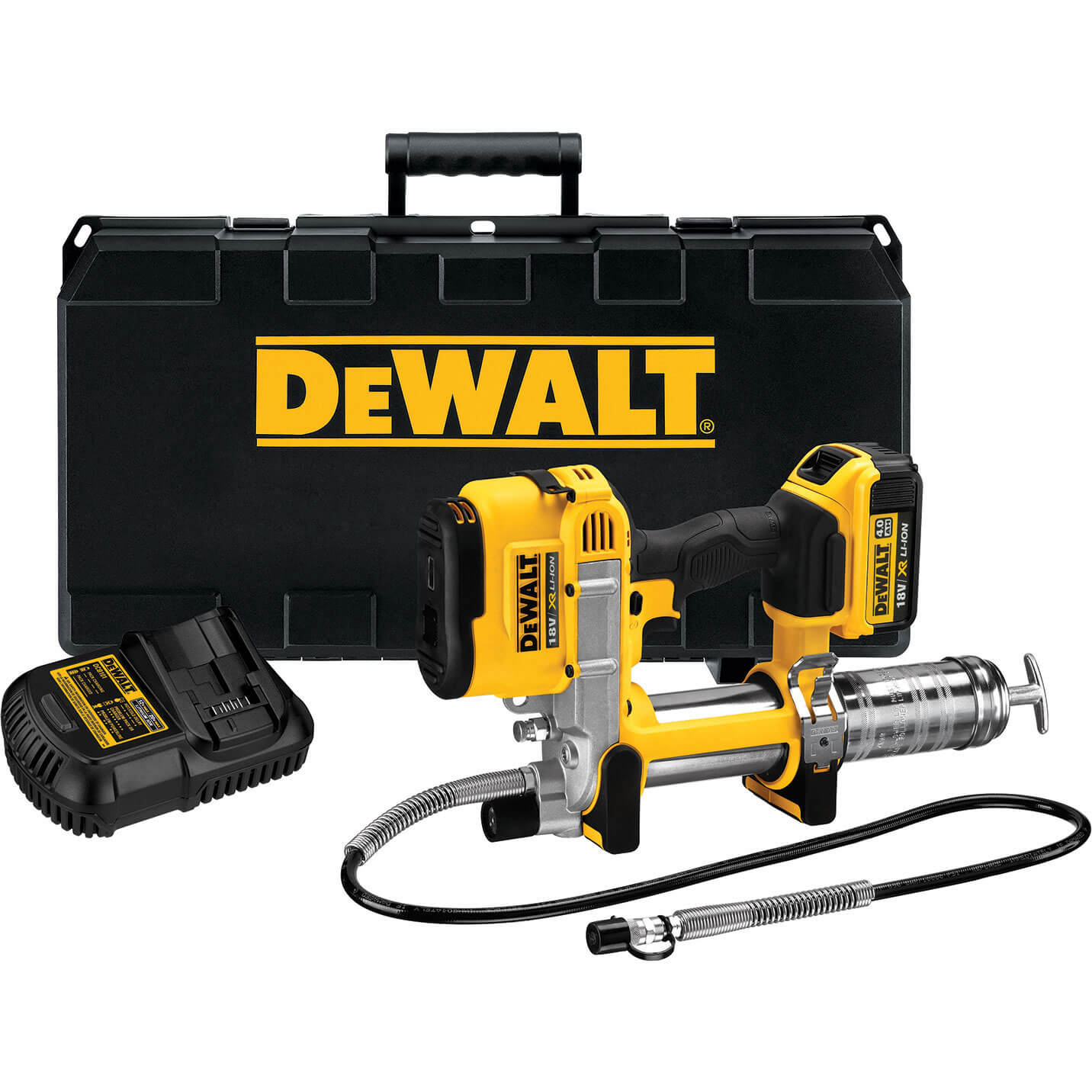 Image of DeWalt DCGG571M1 18v Cordless XR Grease Gun with 1 Lithium Ion Battery 4ah and Kitbox