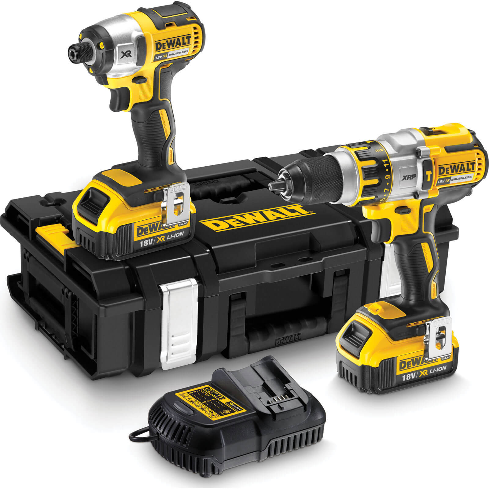 Image of DeWalt DCK255M2 18v Cordless XR Brushless Combi Drill and Impact Driver with 2 Lithium Ion Batteries 4ah