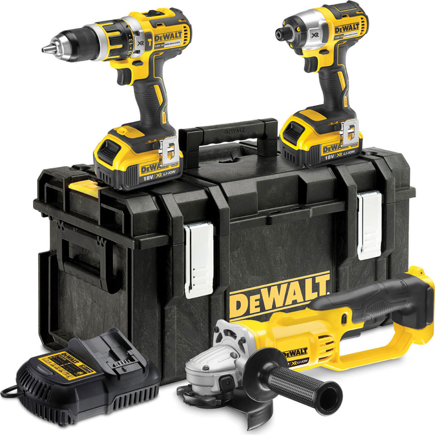 Image of DeWalt DCK382M2 18v Cordless Brushless XR Combi Drill Impact Driver and Angle Grinder with 2 Lithium Ion Batteries 4ah