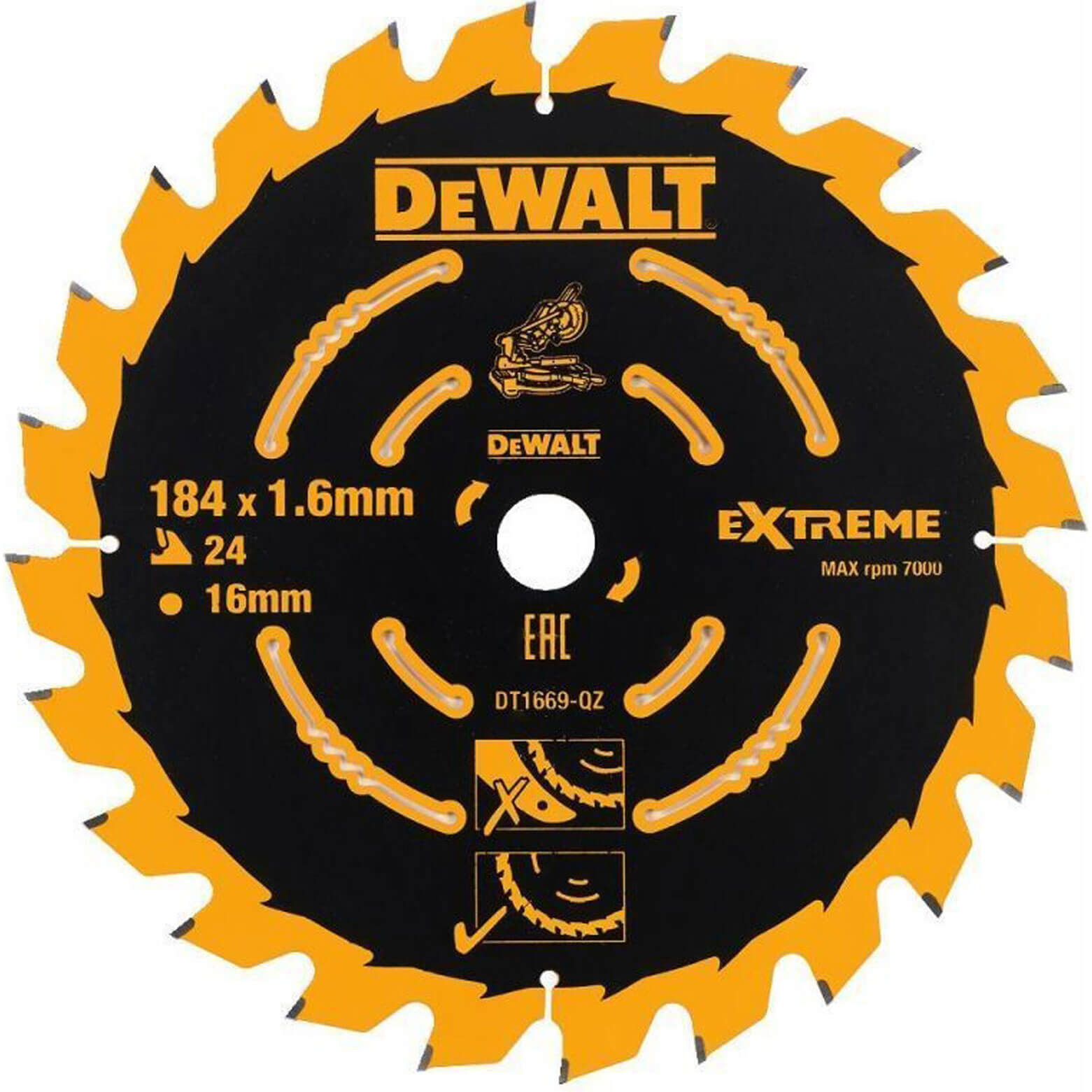 Image of DeWalt DT1669 Circular Saw Blade for Cordless Mitre Saws 184mm x 16mm x 24 Teeth