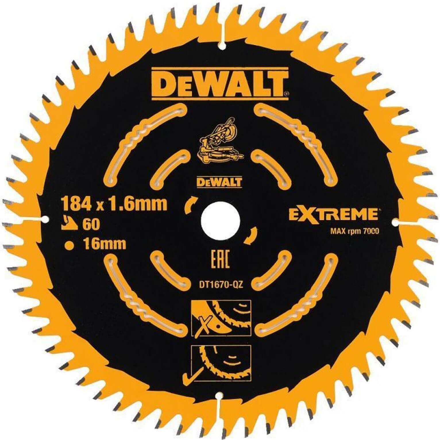 Image of DeWalt DT1670 Circular Saw Blade for Cordless Mitre Saws 184mm x 16mm x 60 Teeth