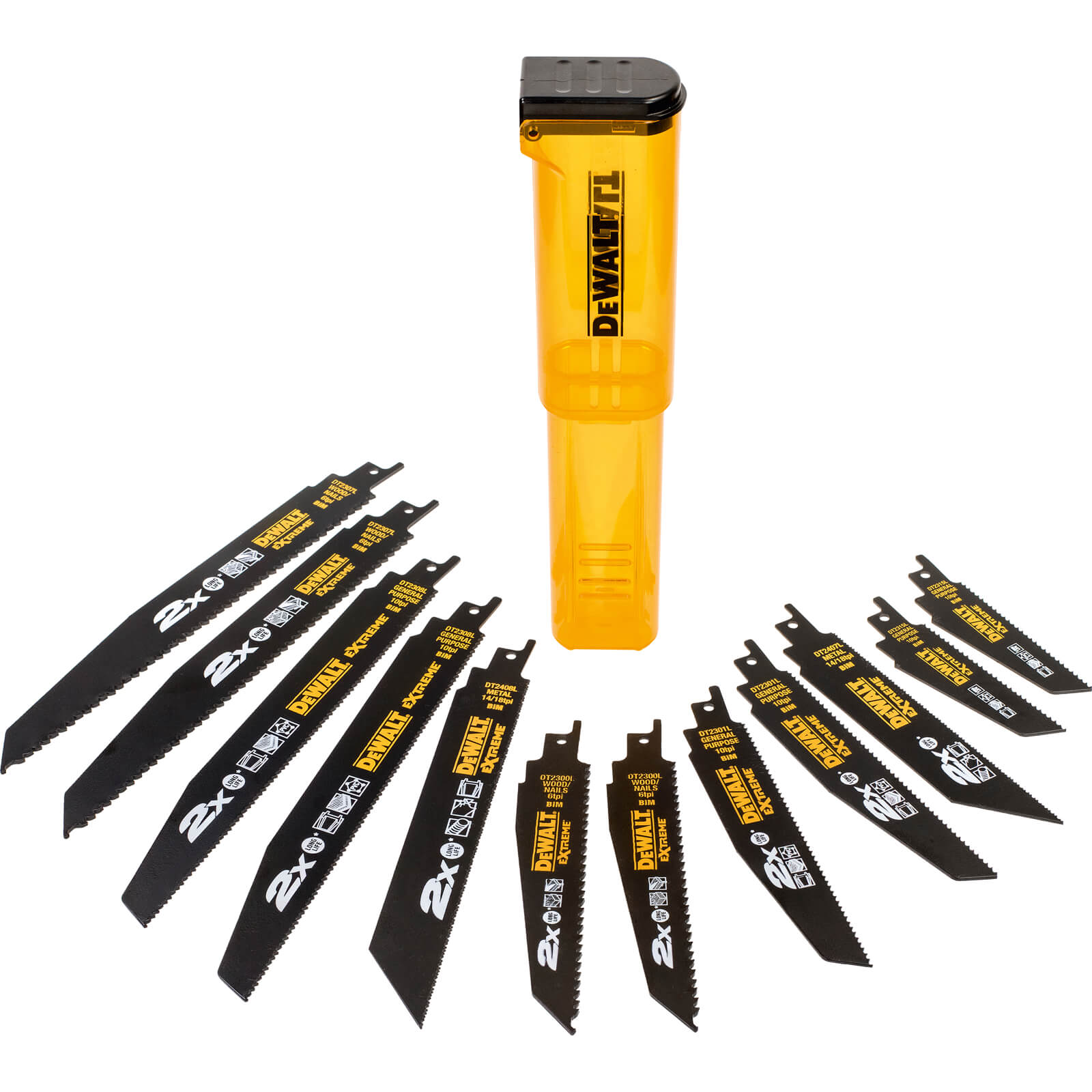 Image of Dewalt Extreme 12 Piece Mixed 2x Life Reciprocating Saw Blade Set