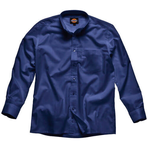 Image of Dickies Mens Oxford Weave Shirt Long Sleeve Navy Blue 165 Collar