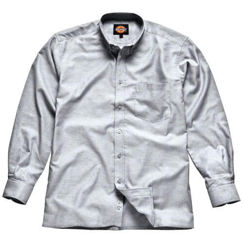 Image of Dickies Mens Oxford Weave Shirt Long Sleeve Silver Grey 165 Collar