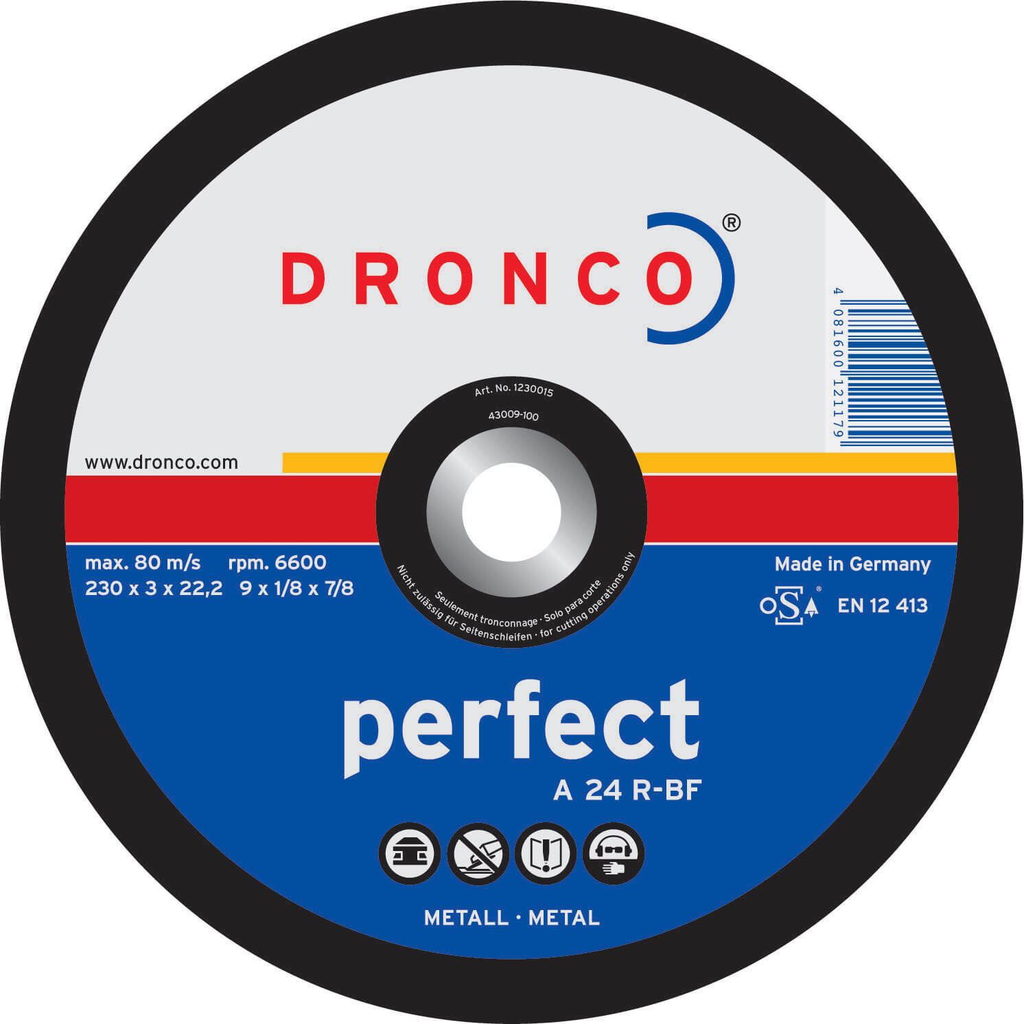 Image of Dronco A 24 R PERFECT 115mm x 3mm x 22mm Bore Angle Grinder Flat Cutting Disc for All Metals