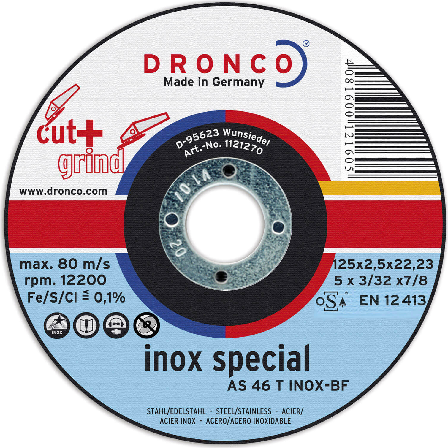 Image of Dronco AS 46 T INOX 125mm x 25mm x 222mm Bore Angle Grinder Inox Cutting and Grinding Disc for All Steel