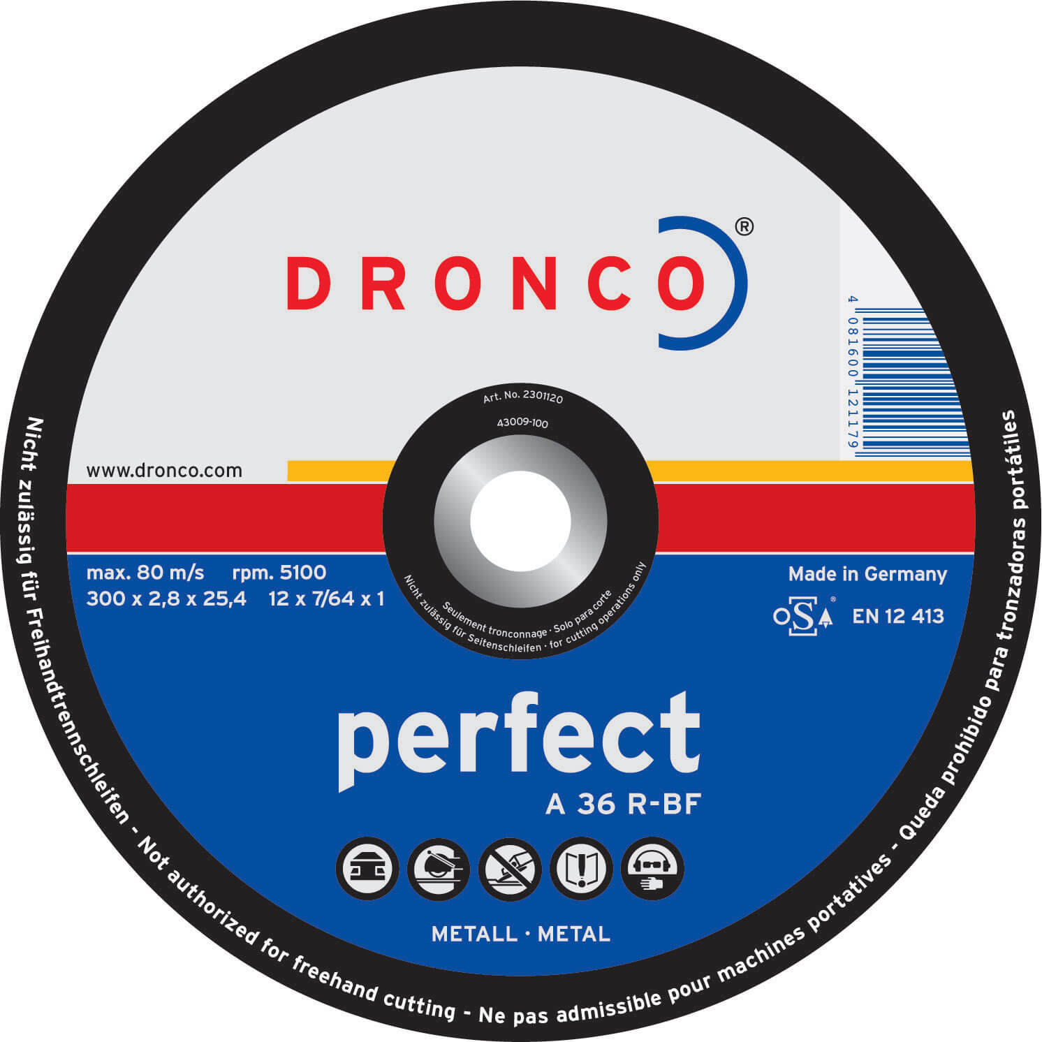 Image of Dronco A 36 R PERFECT 350mm x 3mm x 254mm Bore Flat Metal Cutting Disc