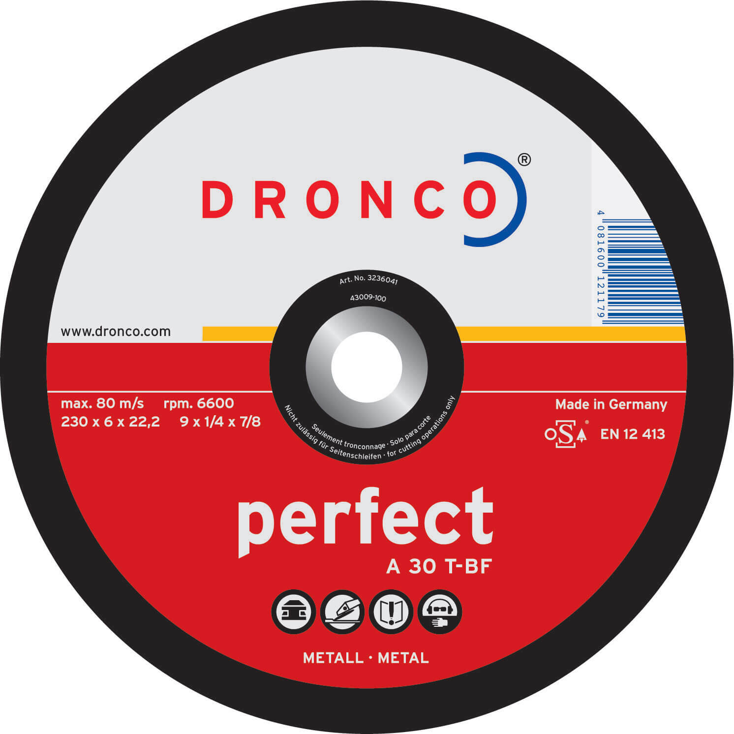 Image of Dronco A 30 T PERFECT 115mm x 6mm x 222mm Bore Angle Grinder Depressed Centre Grinding Disc for Metal