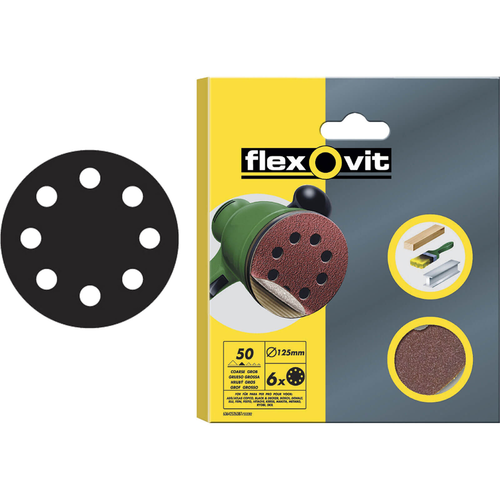 Image of Flexovit Hook and Loop 125mm Sanding Discs Extra Fine Pack of 6